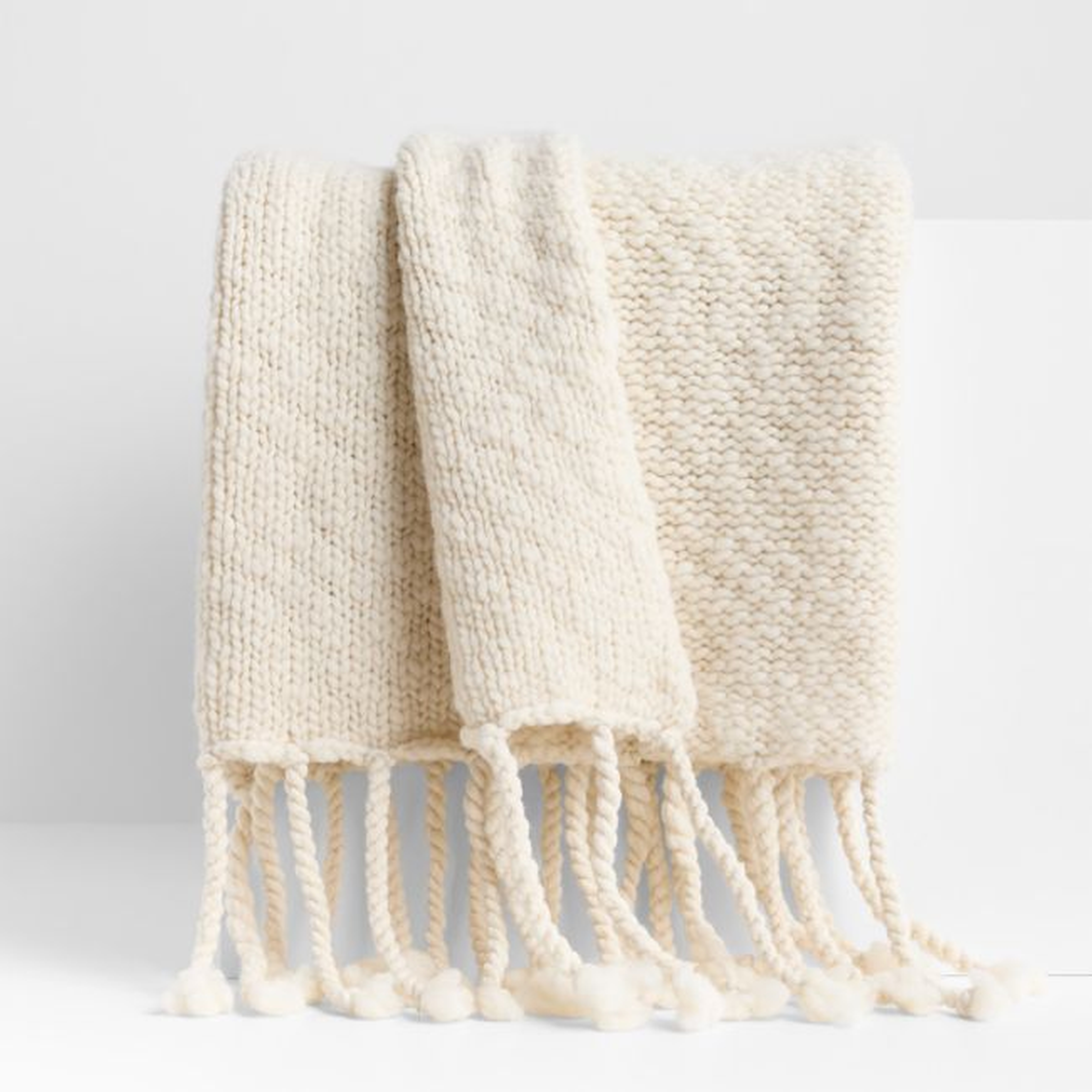 Chunky Wool Fringe Knit 70"x55" Travertine Beige Throw Blanket - Crate and Barrel