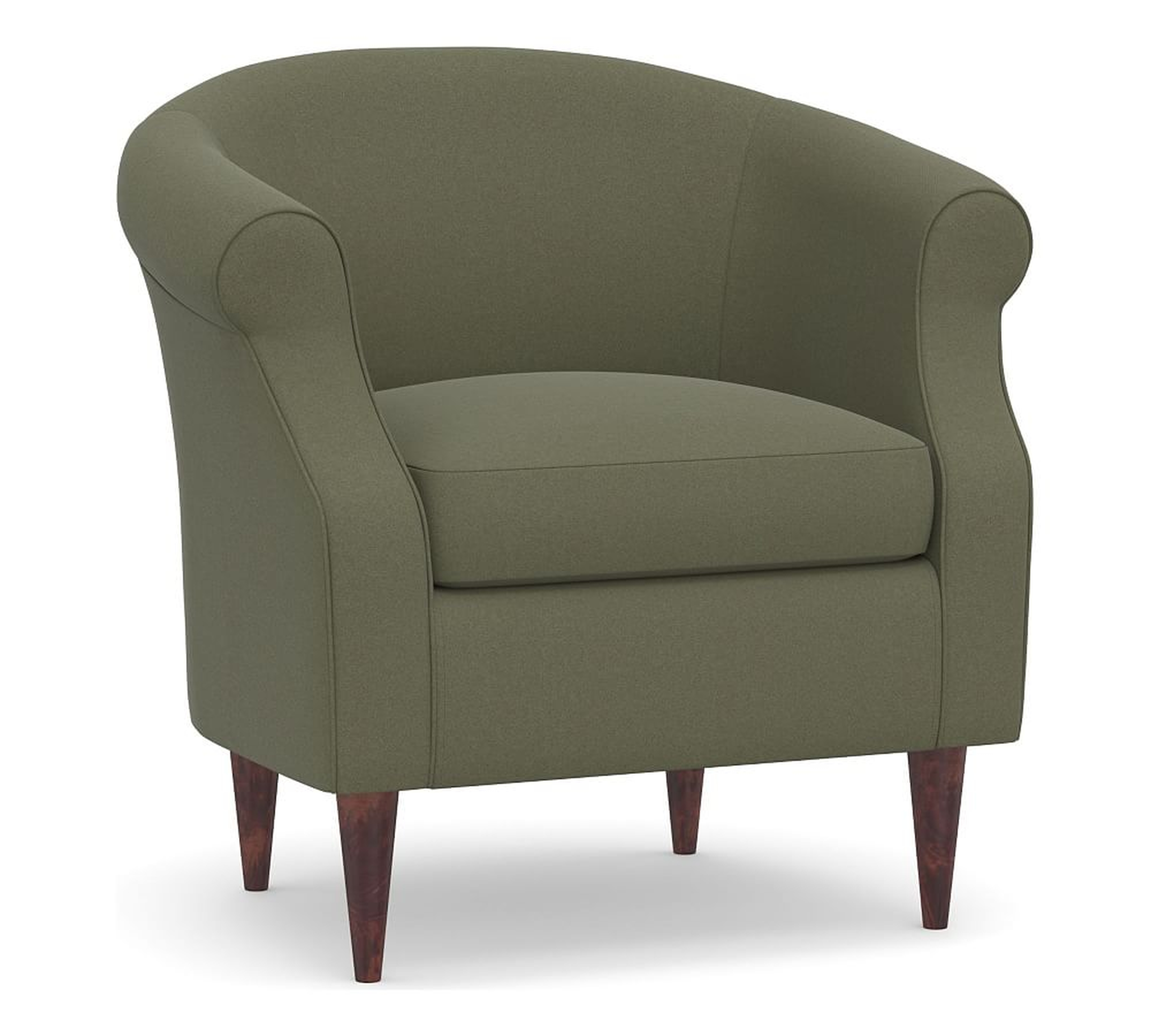 SoMa Lyndon Upholstered Armchair, Polyester Wrapped Cushions, Performance Heathered Velvet Olive - Pottery Barn