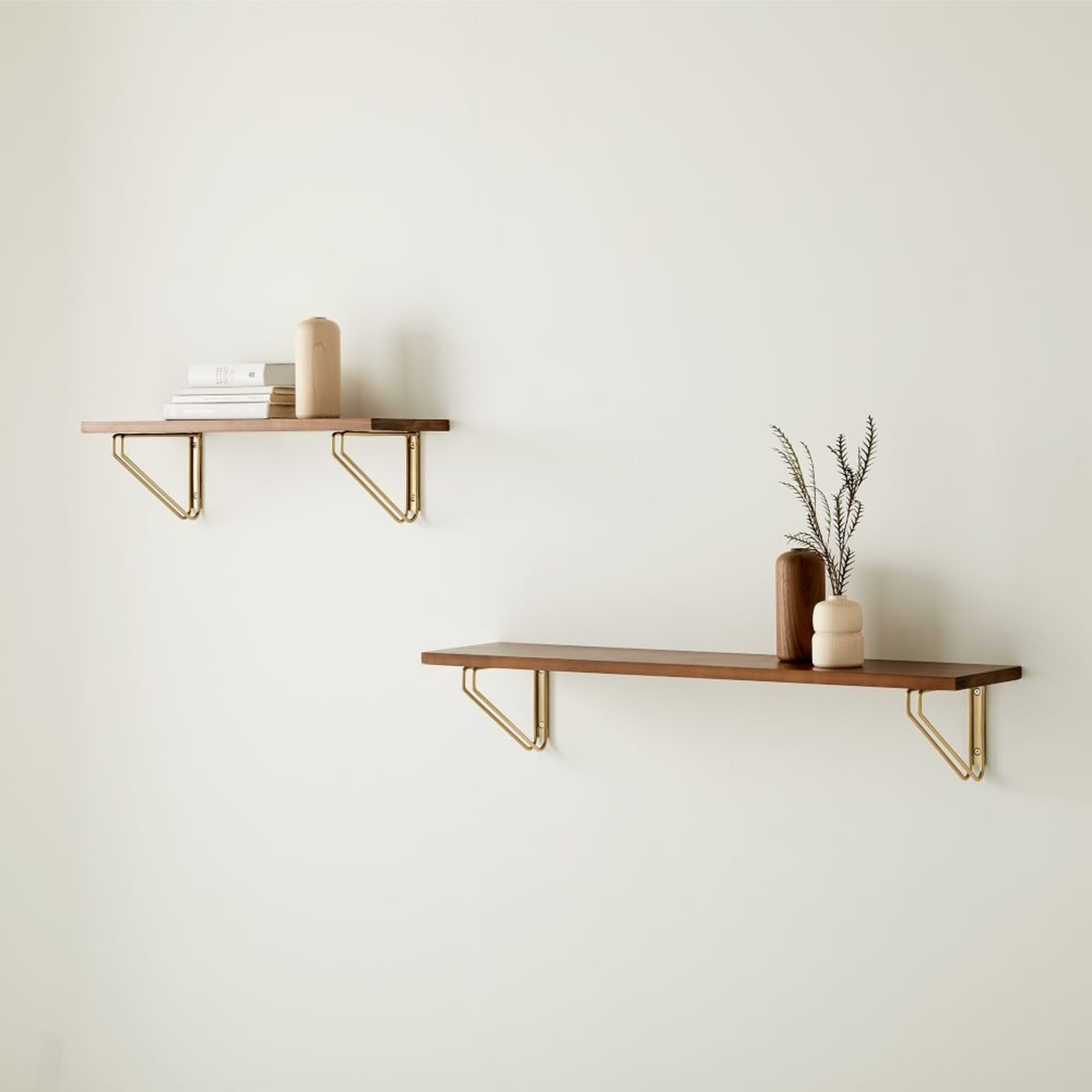 Linear Cool Walnut Wood Shelf 2FT, Parallel Brackets, Antique Brass - West Elm