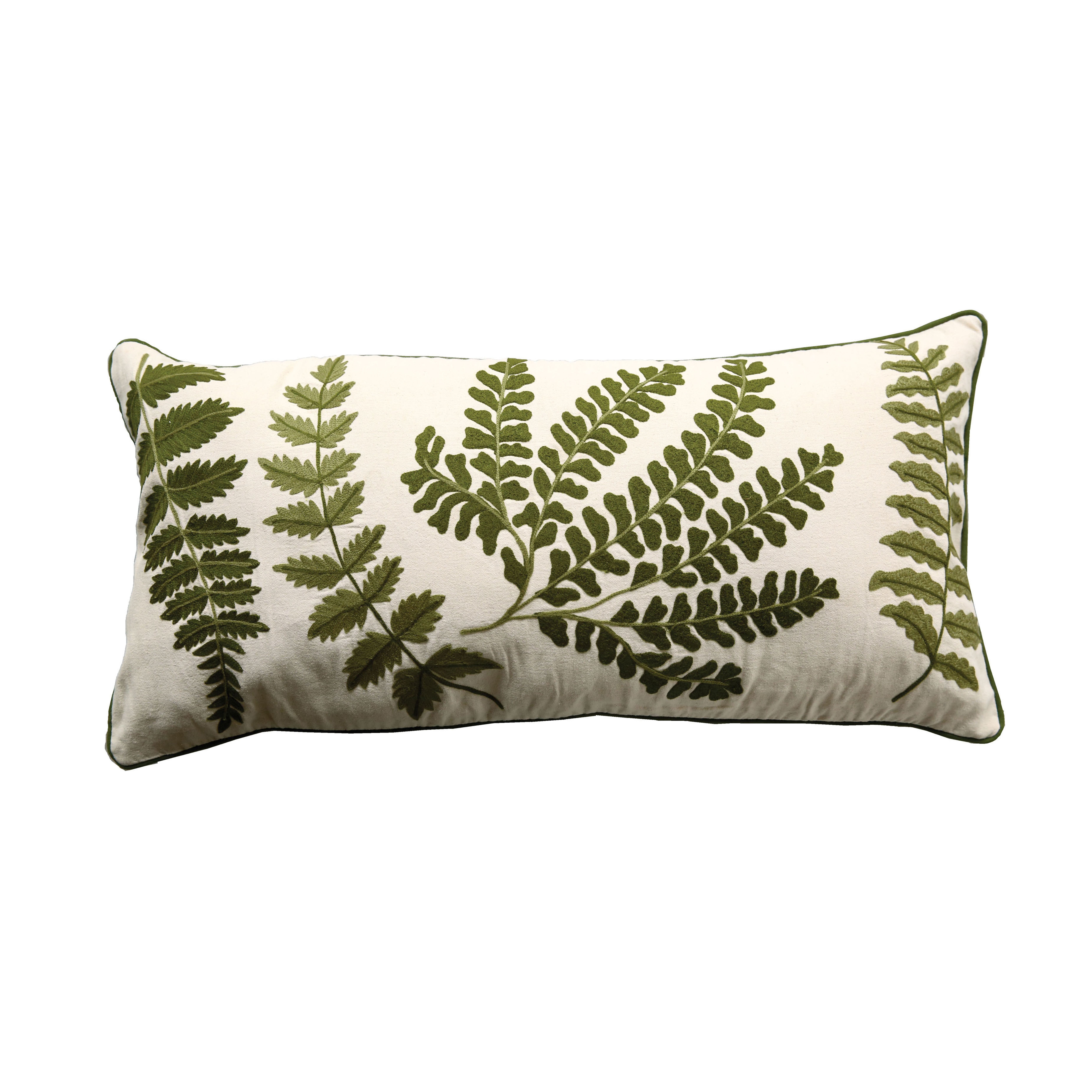 White Rectangle Cotton Pillow with Embroidered Green Ferns - Creative Co-Op