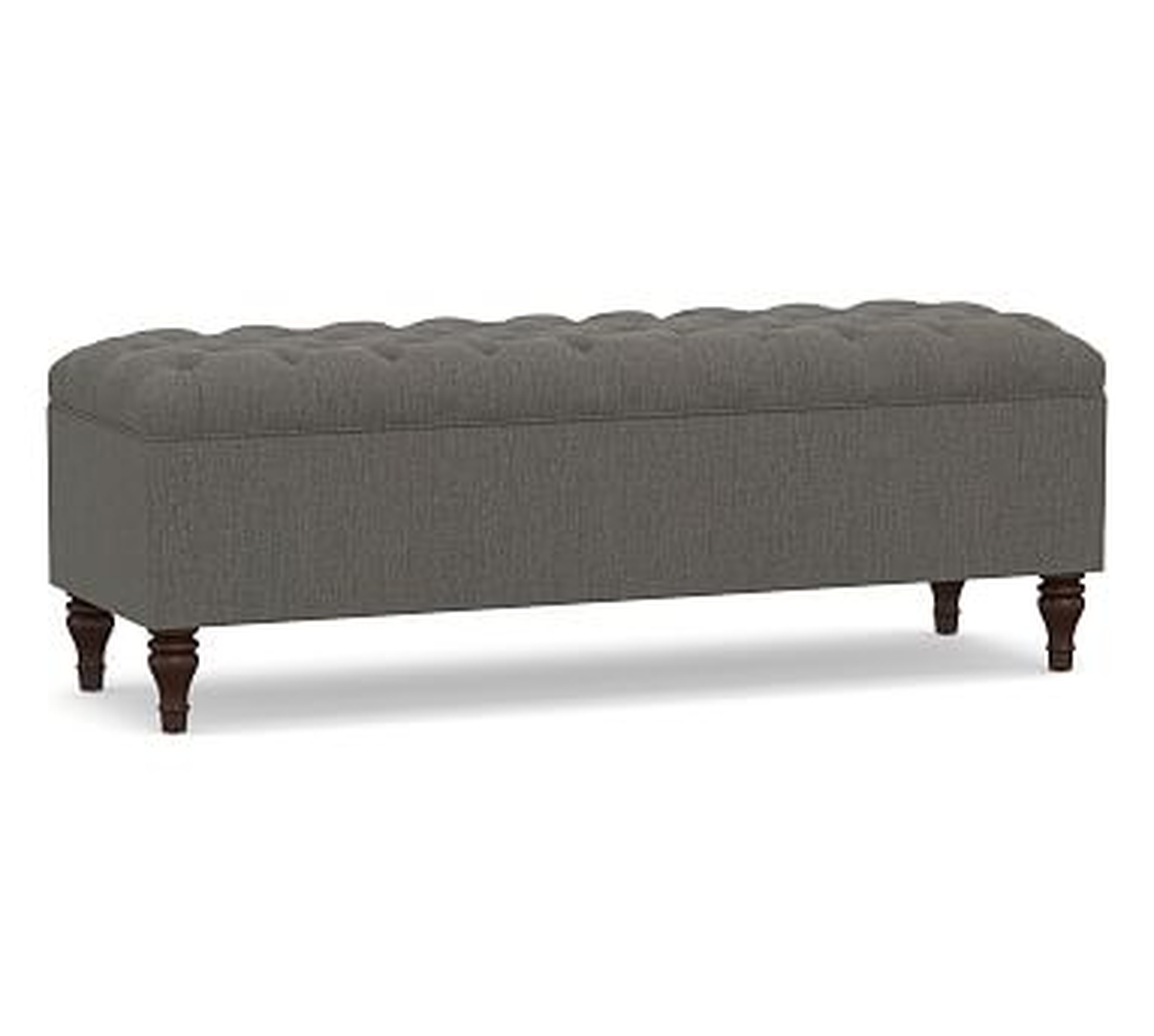 Lorraine Tufted Upholstered Queen Storage Bench, Chenille Basketweave Charcoal - Pottery Barn