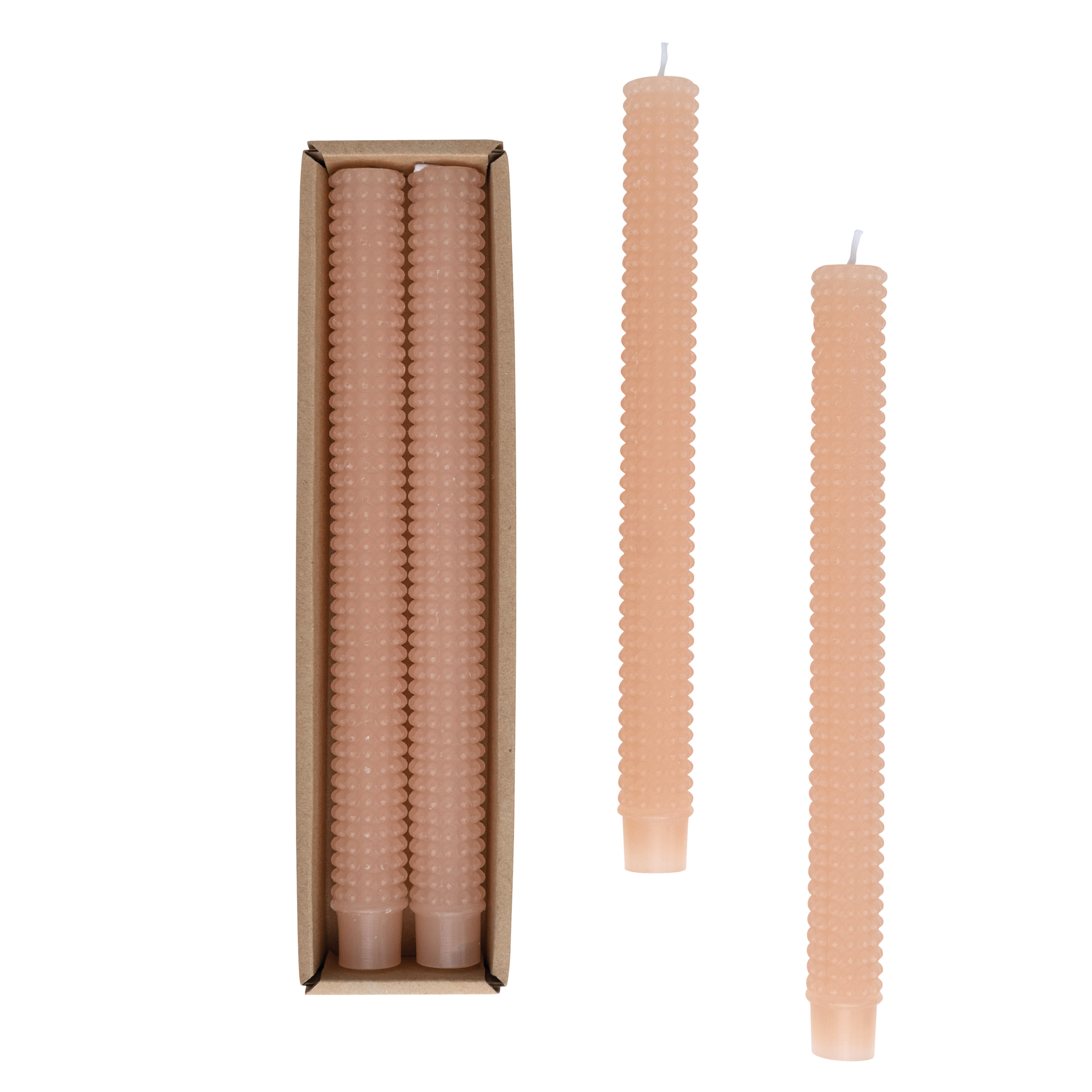  Unscented Hobnail Taper Candles in Box, Set of 2, Nude - Creative Co-Op