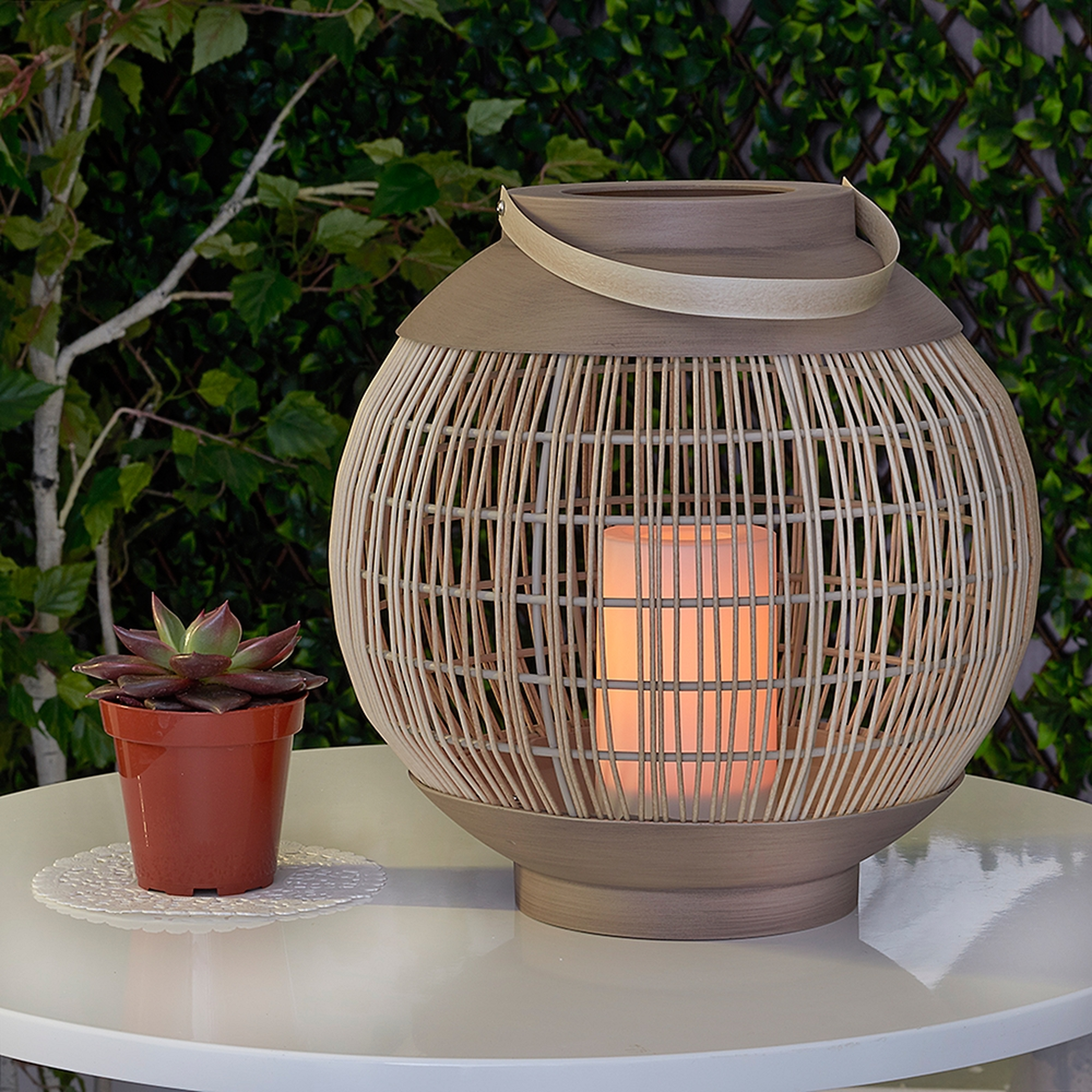 Round Basket Sand LED Outdoor Lantern with Flameless Candle - Style # 96X69 - Lamps Plus