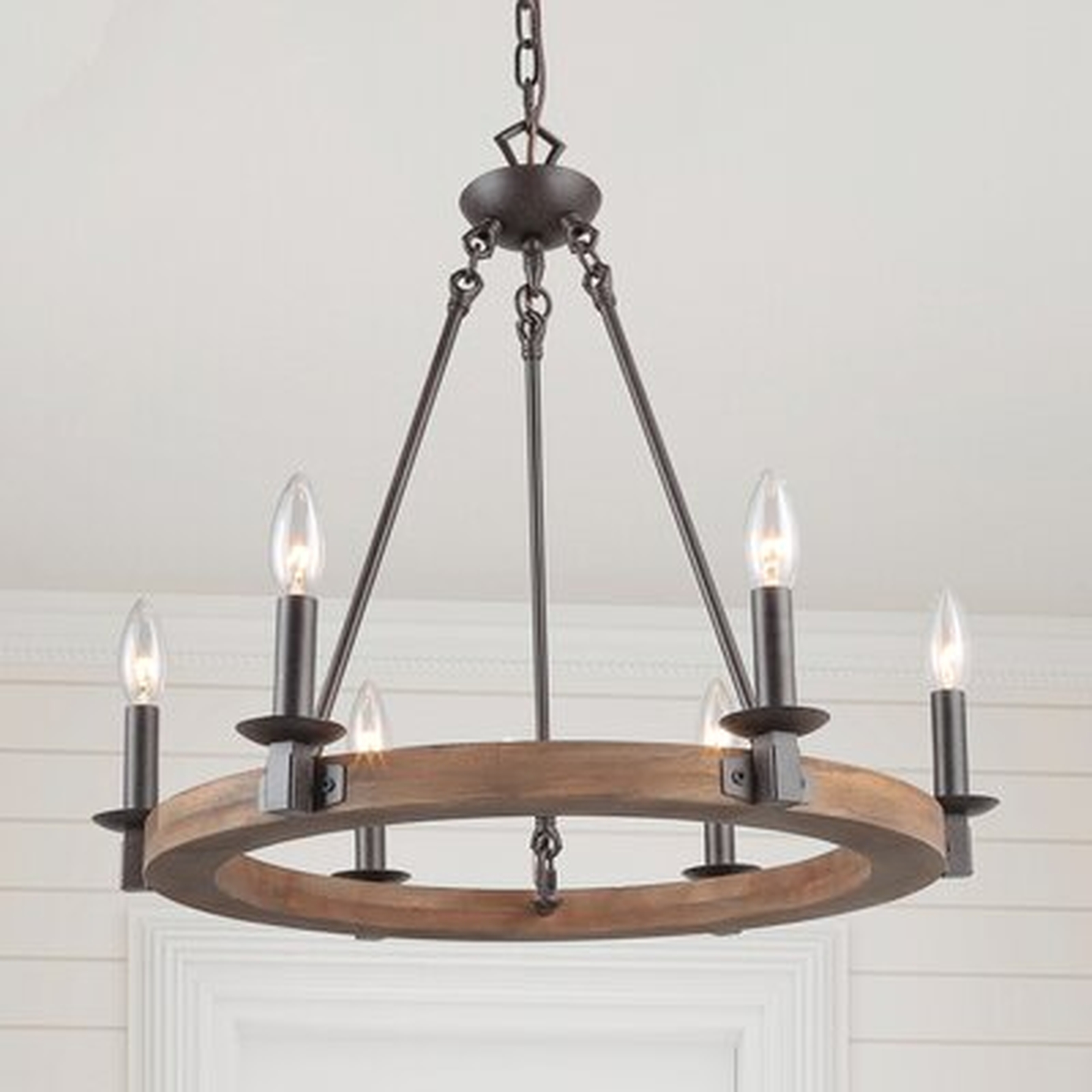 Sabio 5 - Light Candle Style Wagon Wheel Chandelier with Wood Accents - Wayfair