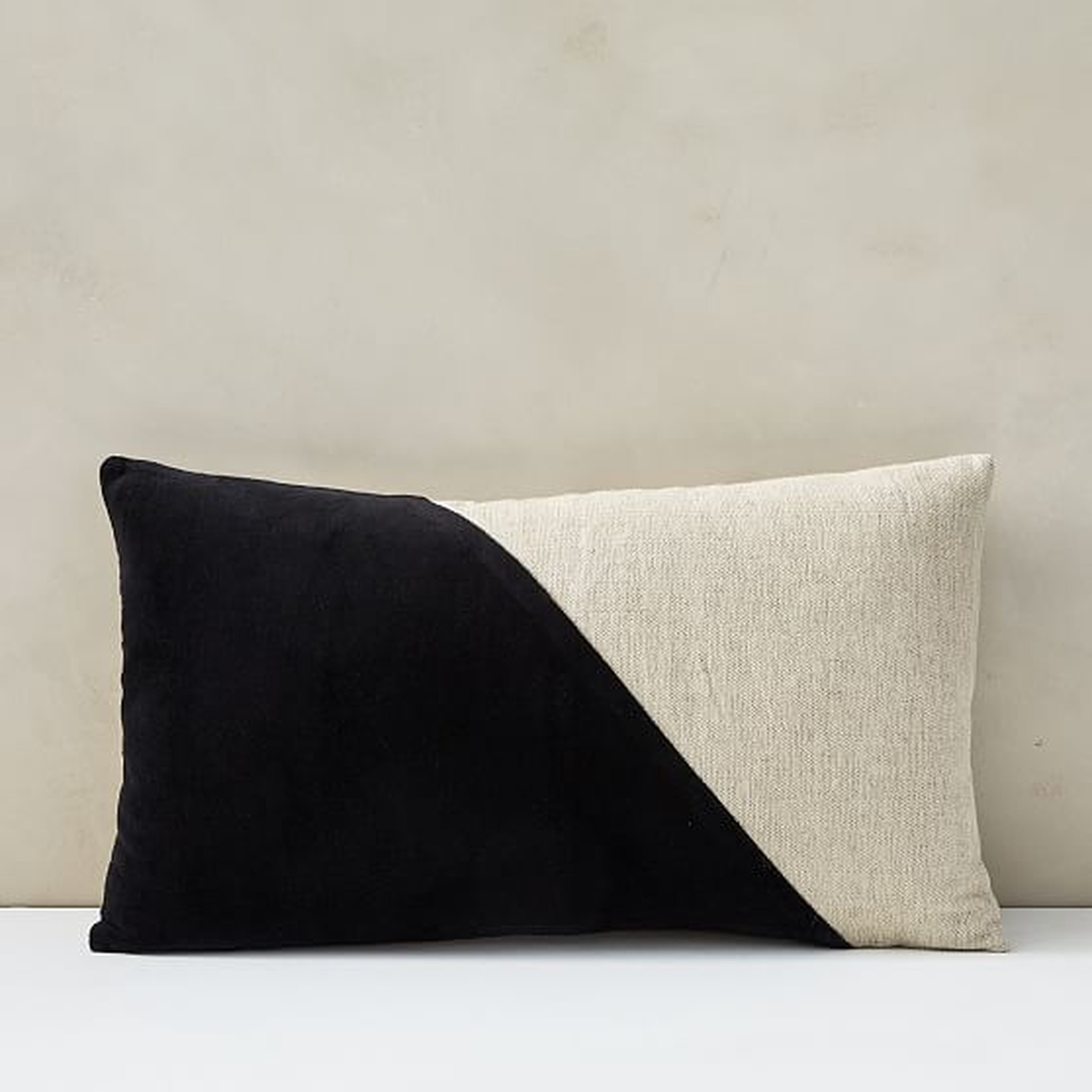 Cotton Linen + Velvet Lumbar Pillow Cover with Down Alternative Insert, Black, 12"x21" - West Elm