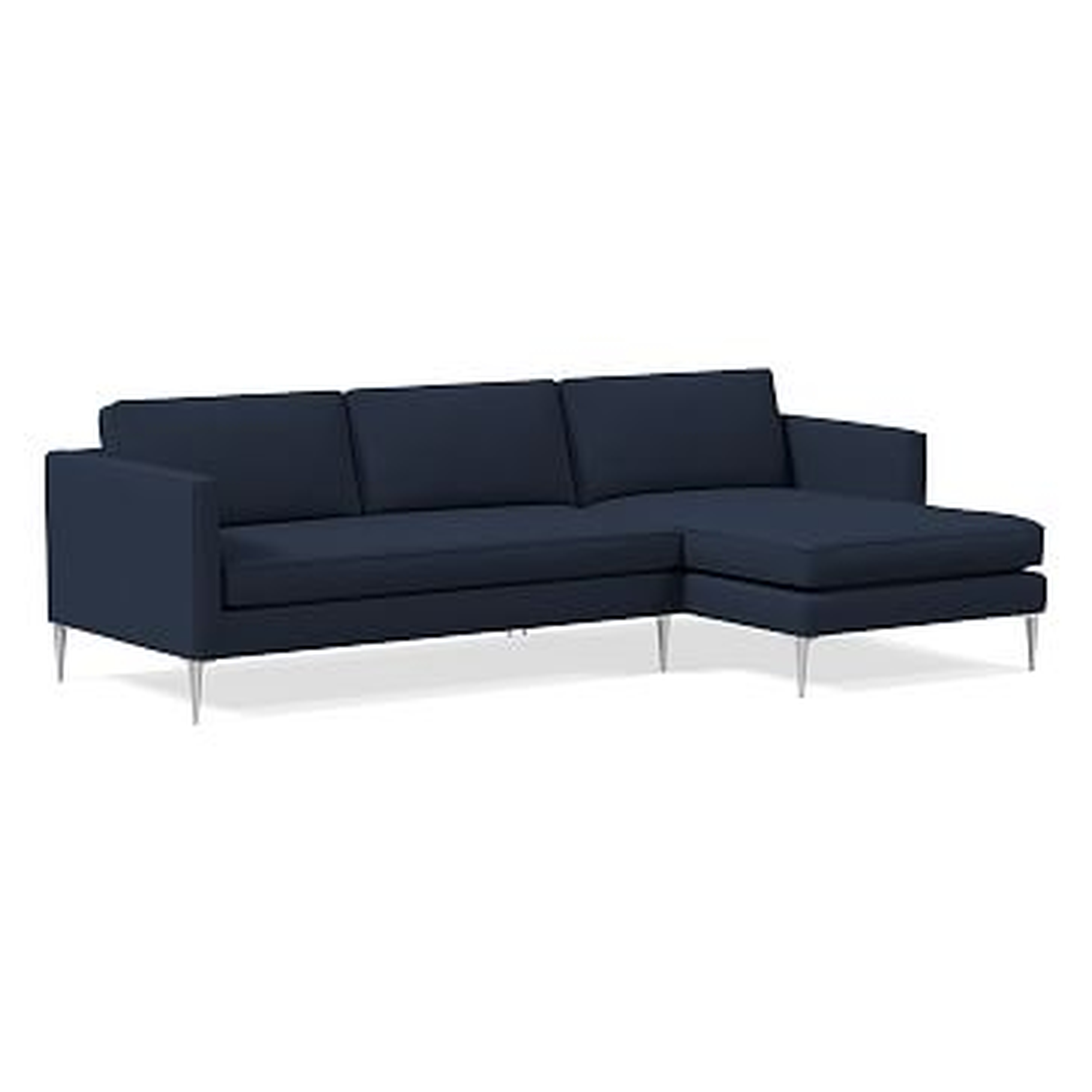 Harris Loft Sectional Set 01: Left Arm Sofa, Right Arm Chaise, Poly, Twill, Regal Blue, Polished Stainless Steel - West Elm