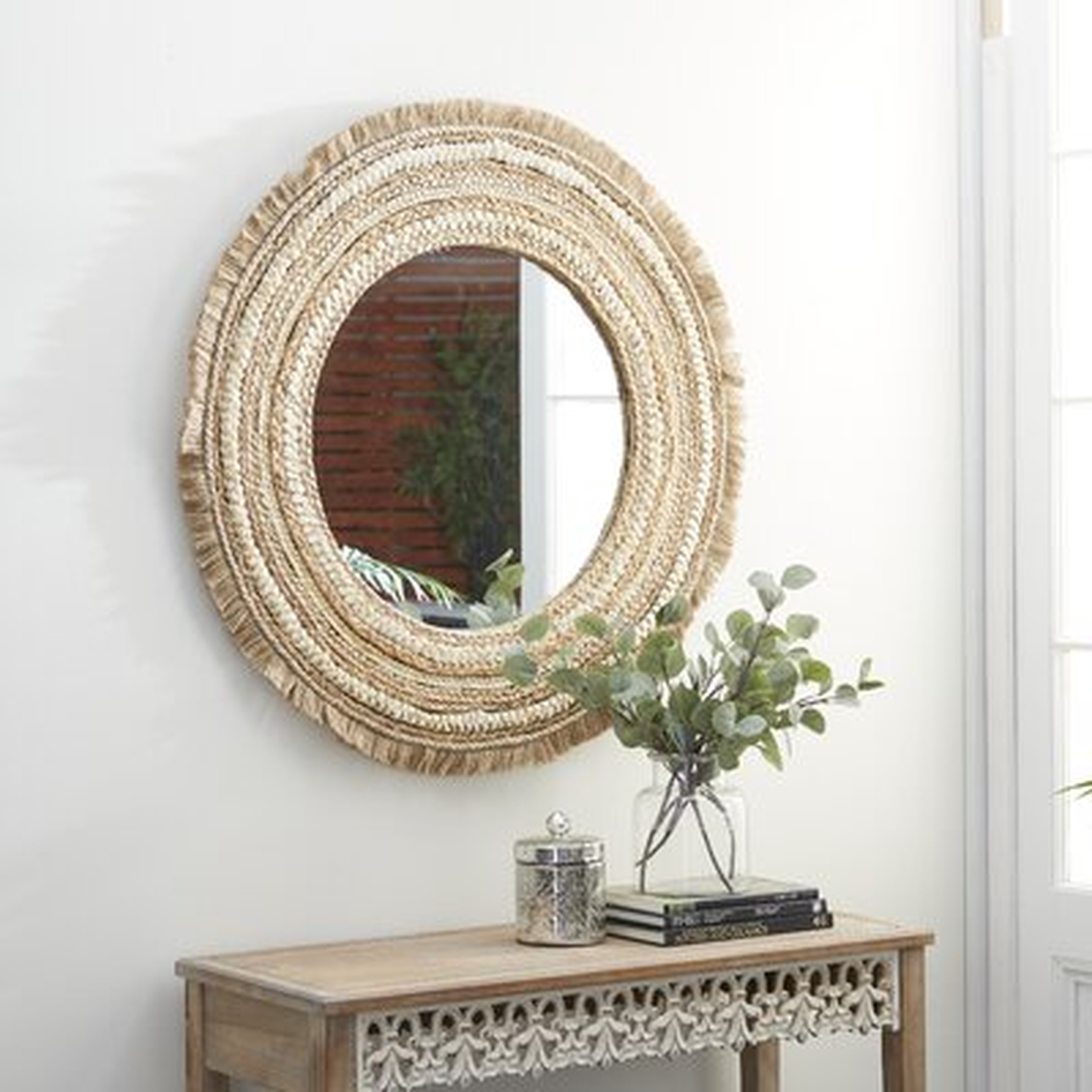 Large Round Wood And Wicker Beige Wall Mirror 38"D - Wayfair
