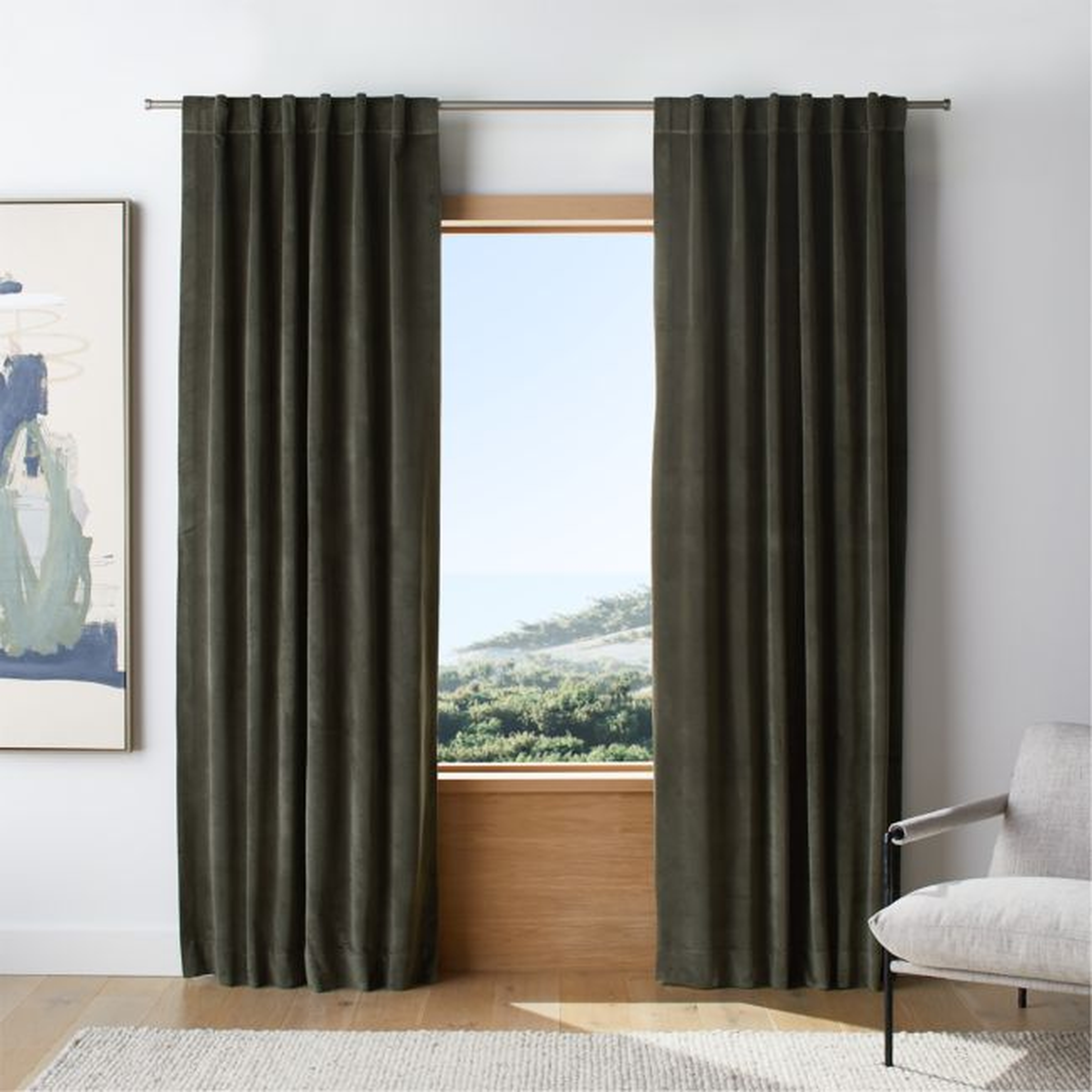 Ficus Green Cotton Velvet Window Curtain Panel 48"x96" - Crate and Barrel