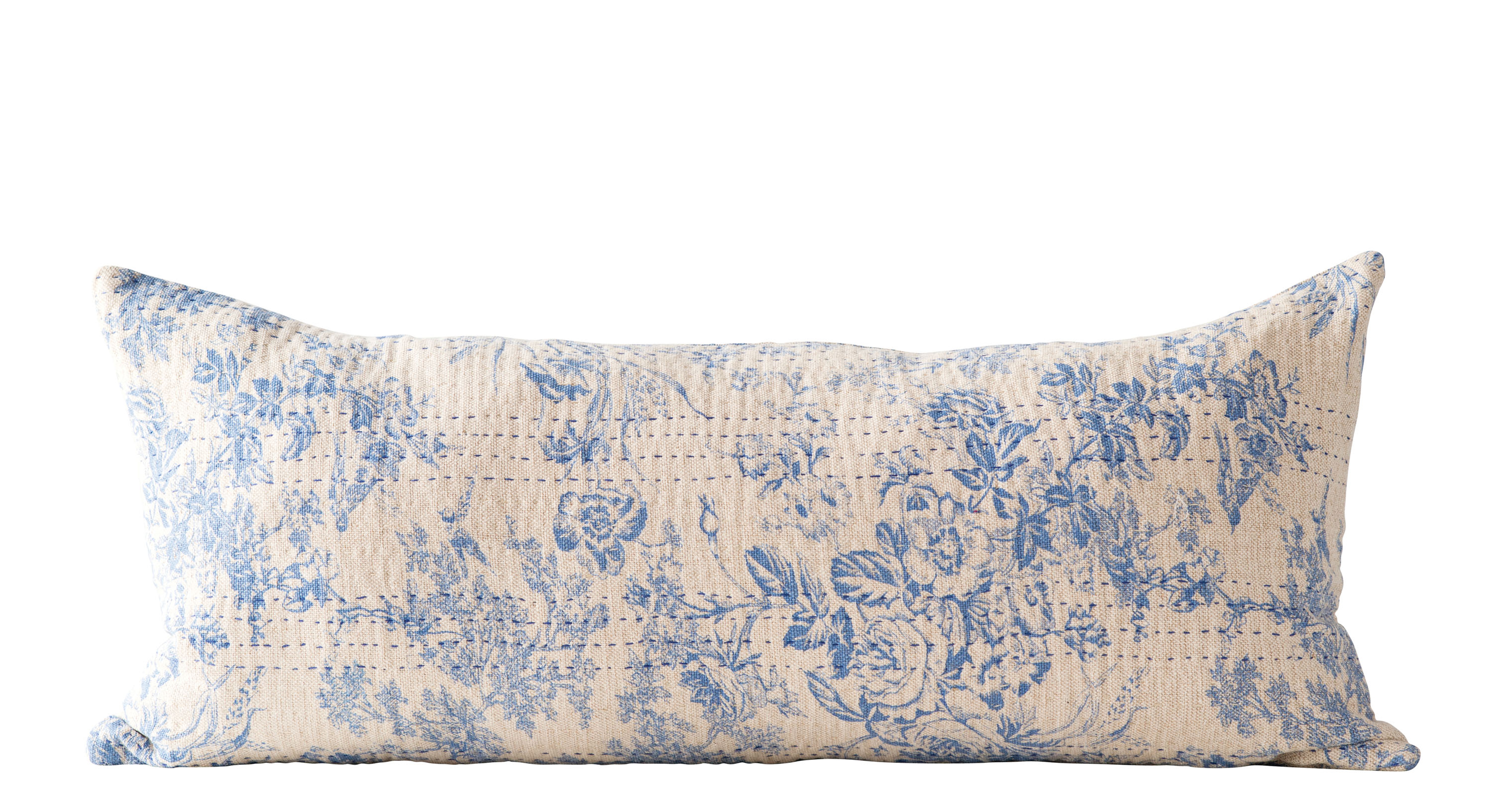 Blue Rectangle Cotton Chambray Pillow with Toile Pattern & Kantha Stitch - Nomad Home