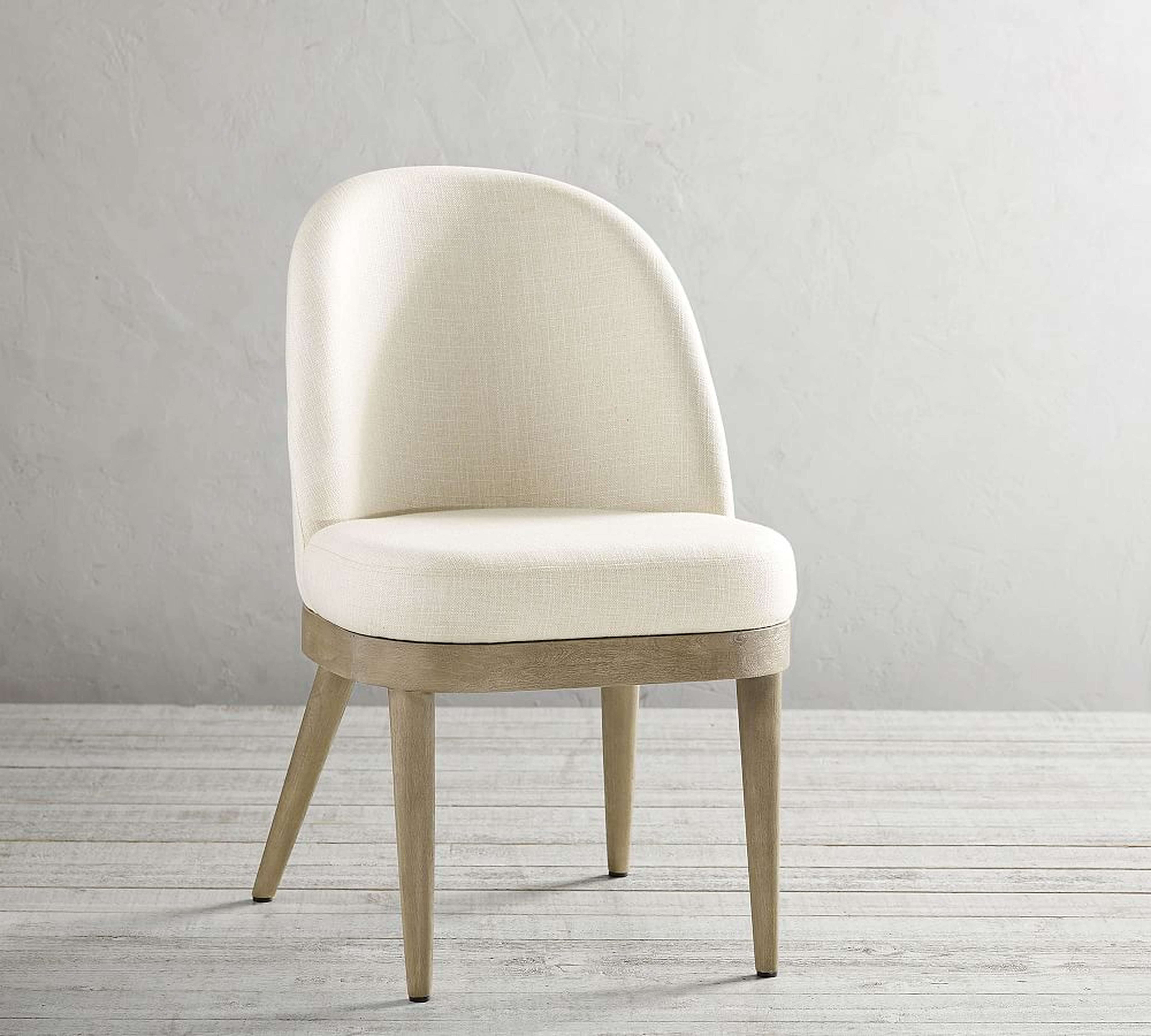 Broderick Upholstered Dining Side Chair, Gray Wash Leg, Performance Heathered Basketweave Alabaster White - Pottery Barn
