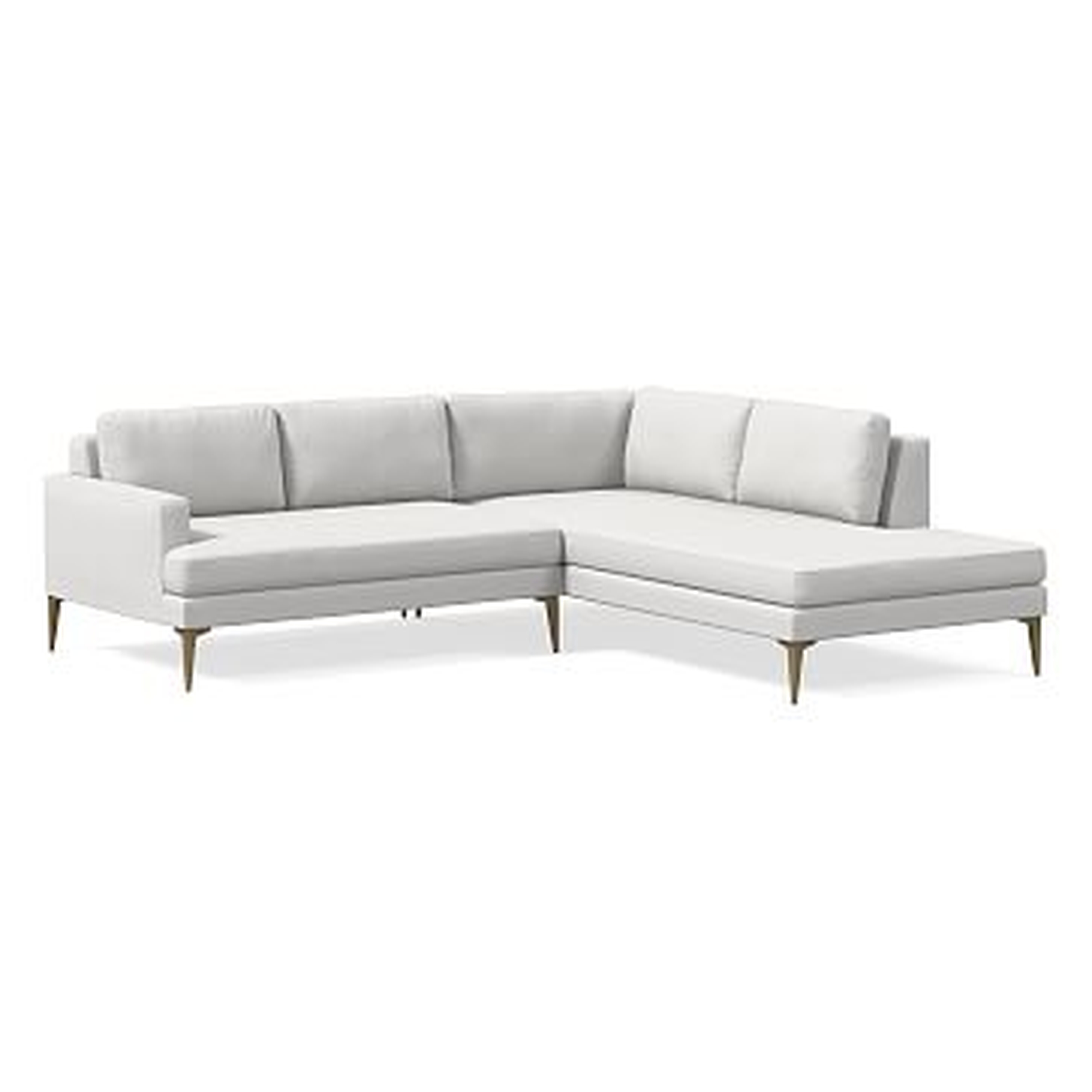 Andes Sectional Set 15: Left Arm 2 Seater Sofa, Right Arm Bumper Chaise, Poly, Performance Washed Canvas, White, Blackened Brass - West Elm