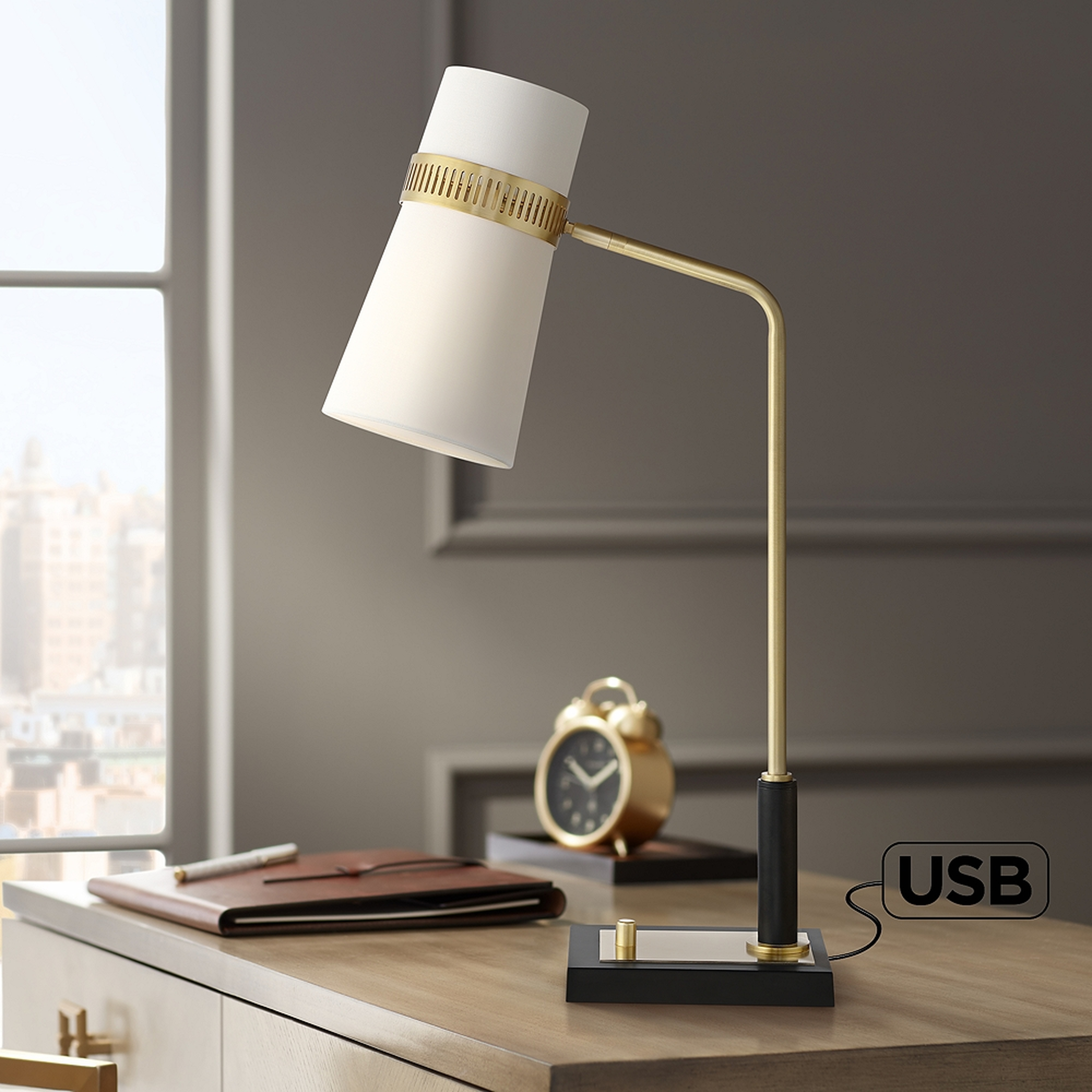 Possini Euro Cartwright 32"  Antique Brass and Black USB Desk Lamp - Lamps Plus