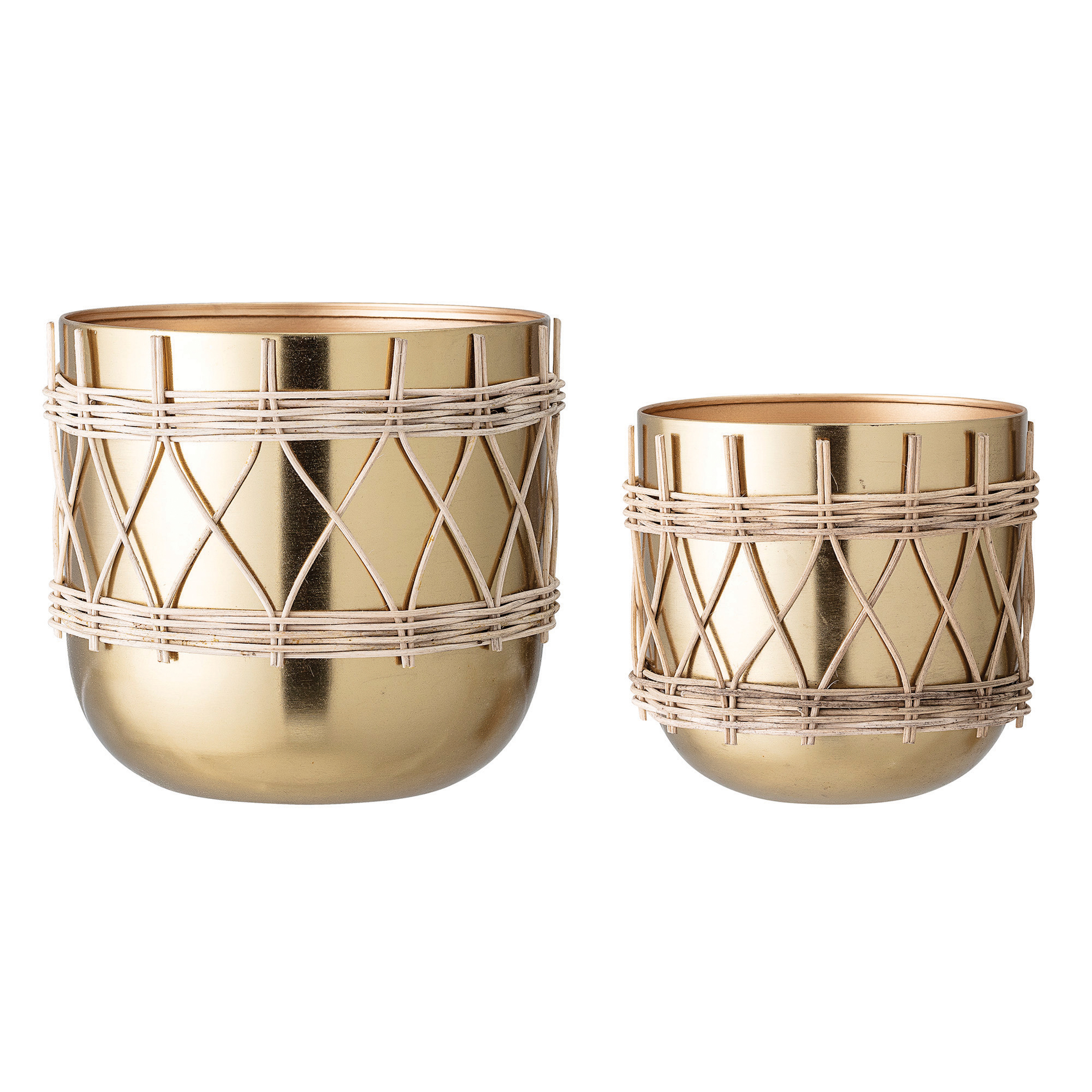 7"H & 9"H Gold Electroplated Metal Planters with Woven Rattan Sleeve (Set of 2 Sizes/Hold 7" & 9" pots) - Moss & Wilder