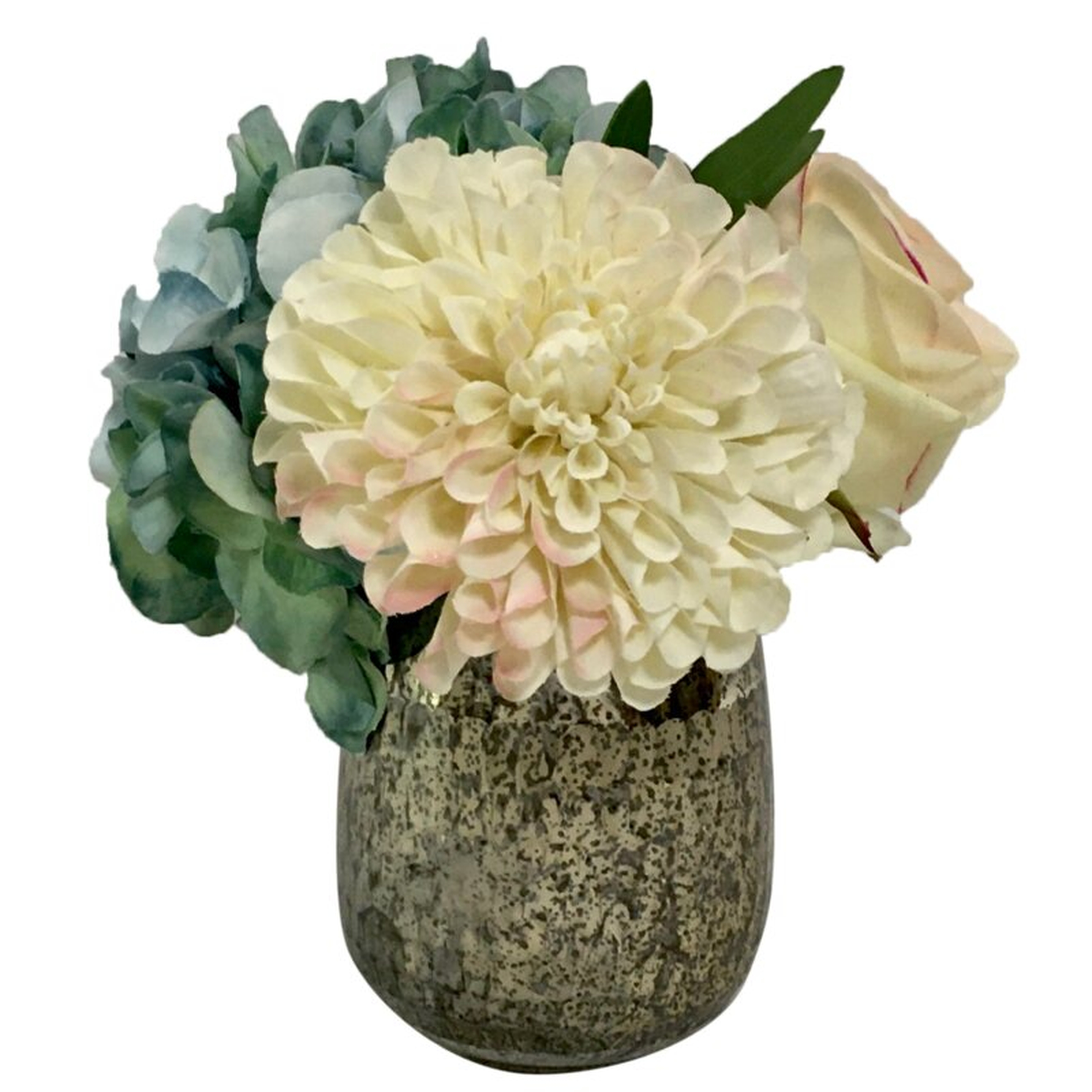 Dahlia, Rose & Hydrangea Mixed Centerpiece in Vase Flowers/Leaves Color: Blue/White - Perigold