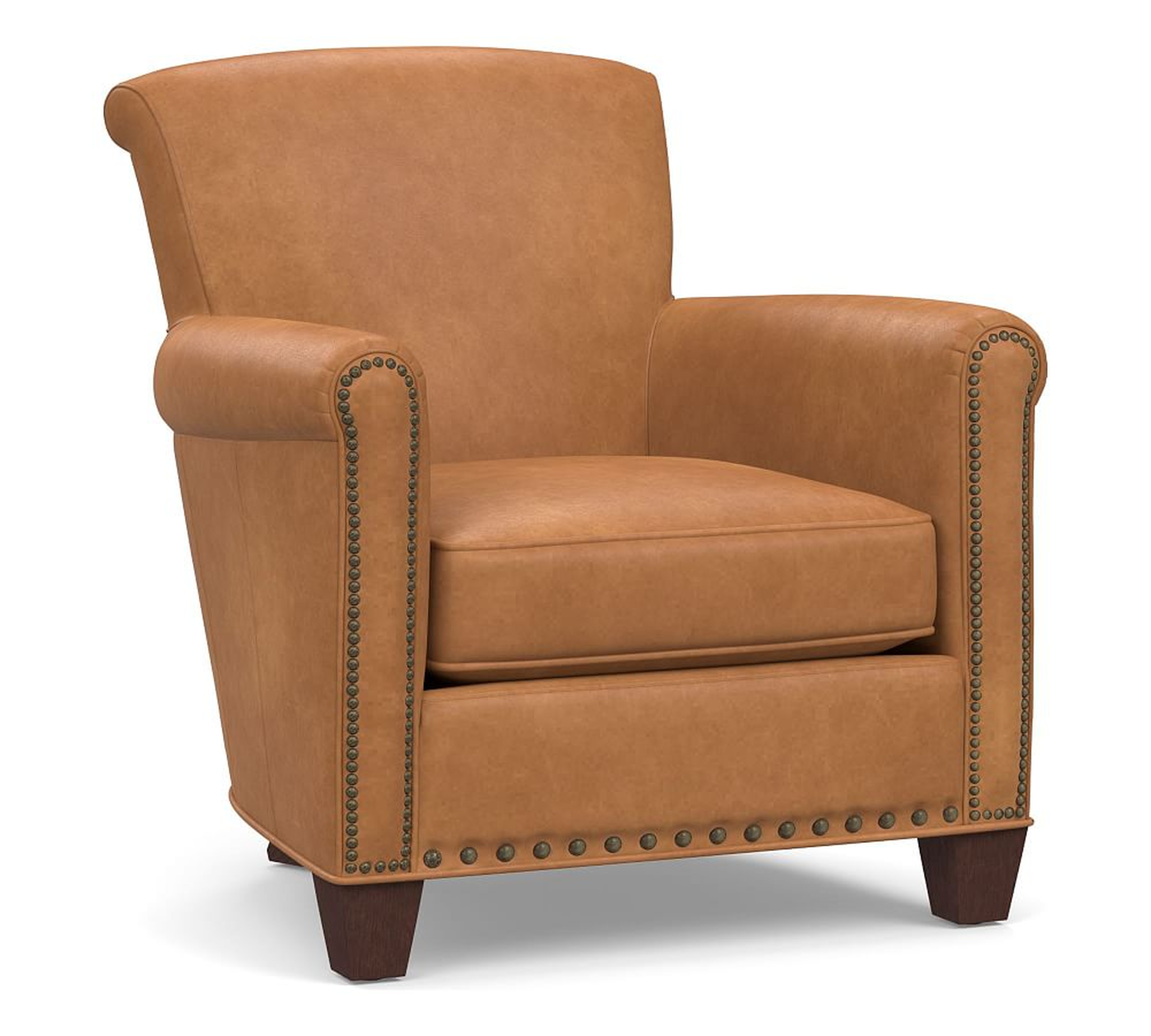 Irving Roll Arm Leather Armchair, Bronze Nailheads, Polyester Wrapped Cushions Churchfield Camel - Pottery Barn