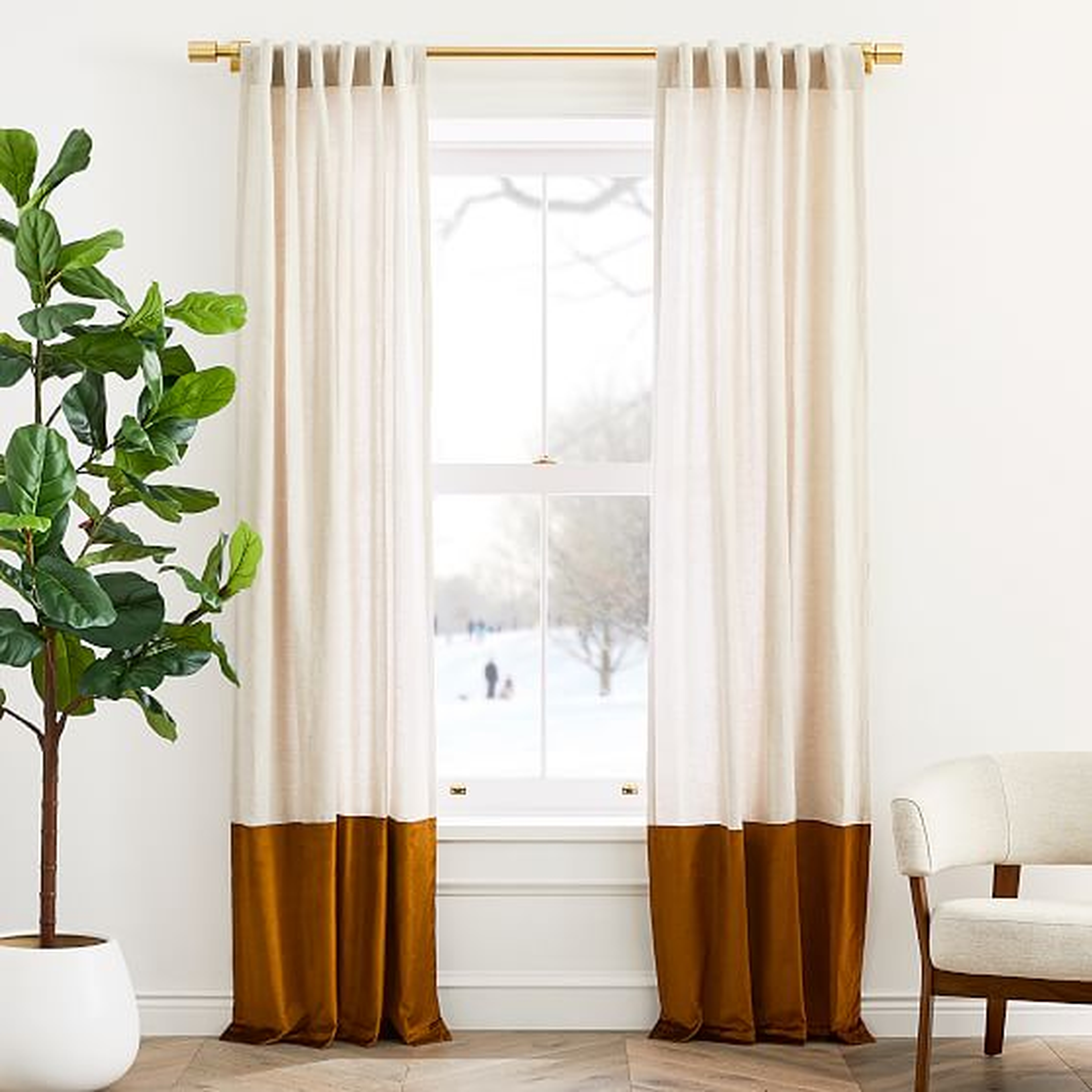 Belgian Flax Linen &amp; Luster Velvet Curtain, Natural &amp; Golden Oak, 48"x108" - West Elm