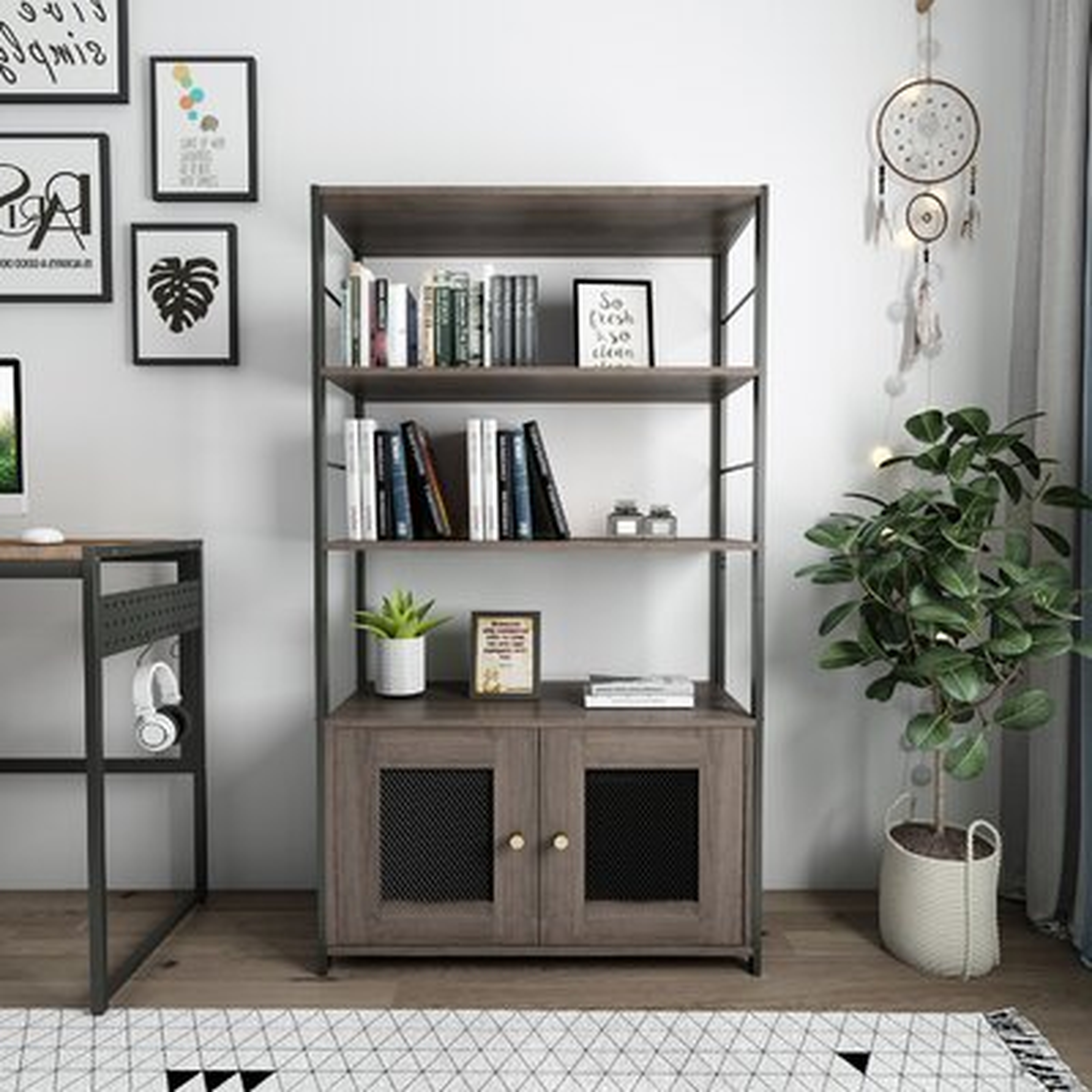 47.6" H X 27" W Industrial Style Metal Standard Bookcase With 3 Shelves And 2 Doors, Living Room Freestanding Storage Cabinet For Home Office - Wayfair