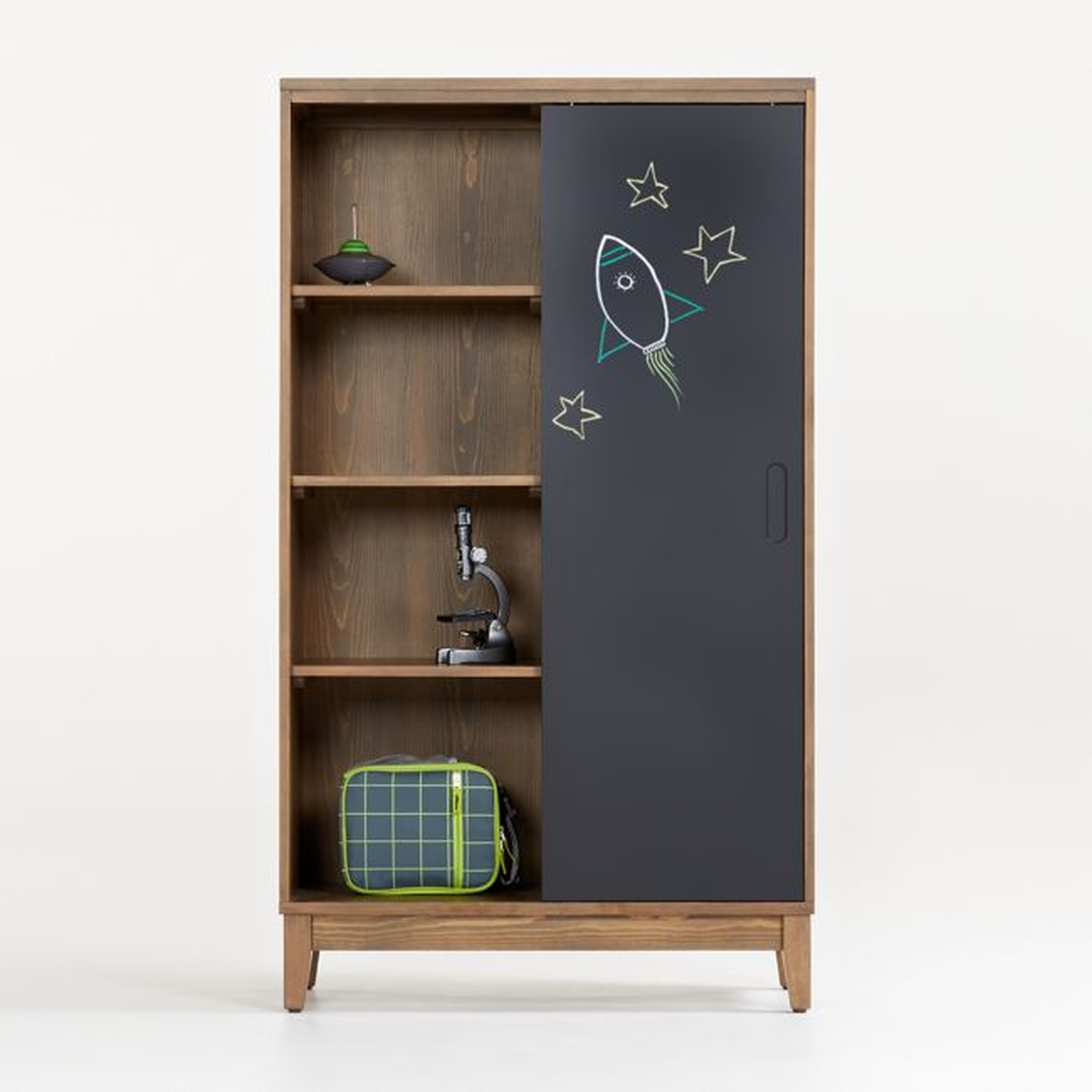 Cocoa Wood 4-Shelf Kids Bookcase with Chalkboard Door - Crate and Barrel