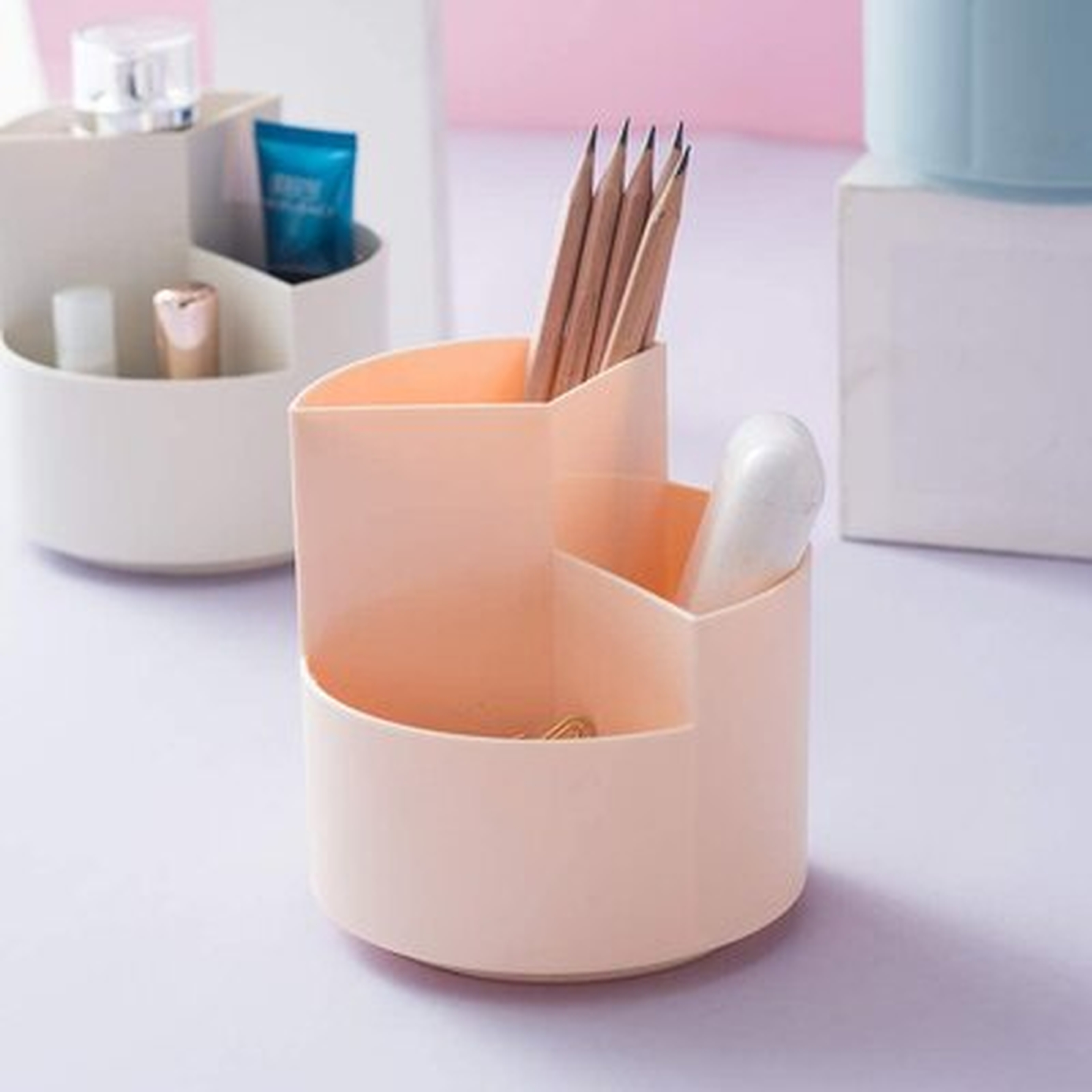 360° Rotating 3 Grid Pen Holder Stand Pencil Cup Pot Desk Organizer Makeup Brush Holder (Blue) - Wayfair