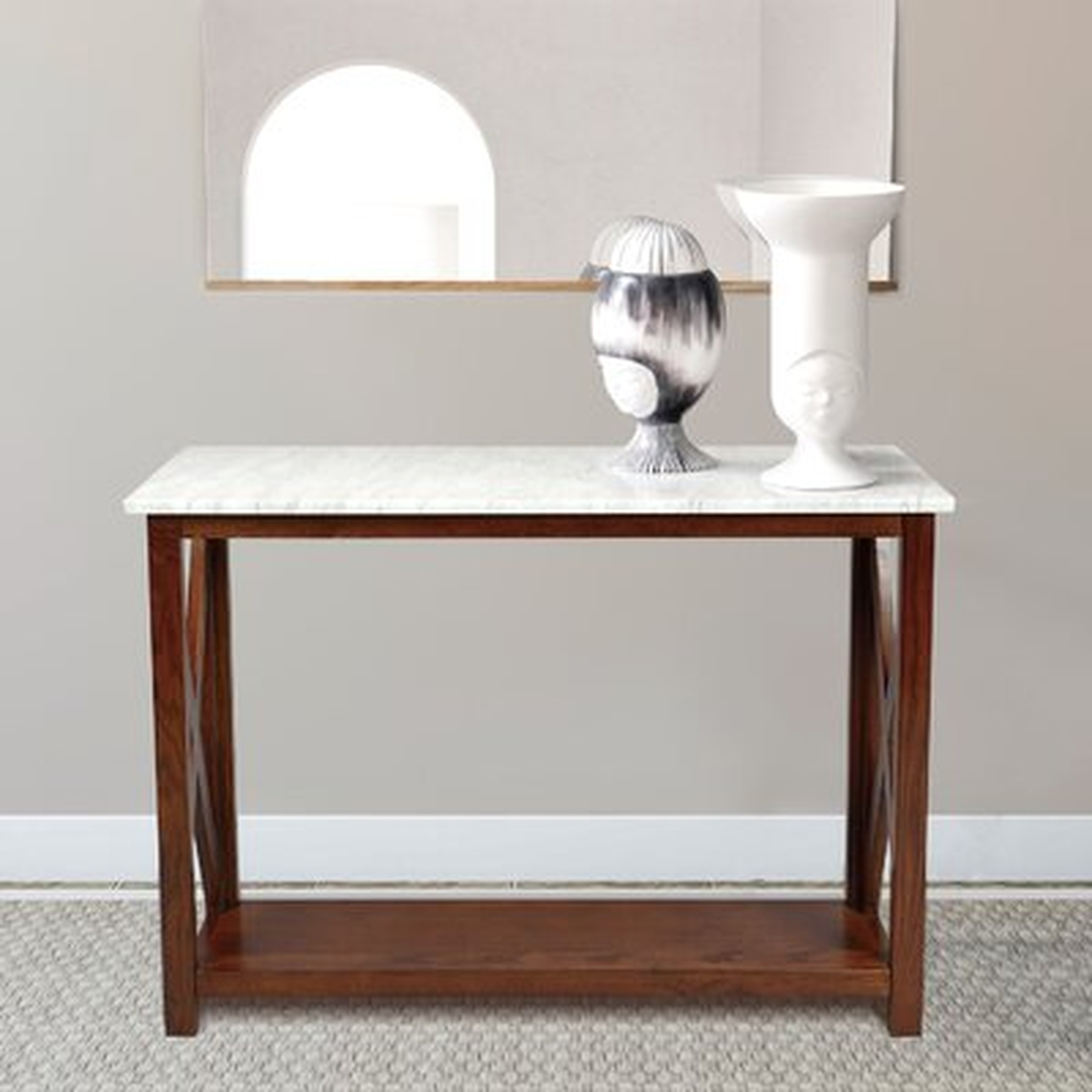 Meith 39" Rectangular Italian Carrara White Marble Console Table With Walnut Color Solid Wood Legs - Wayfair