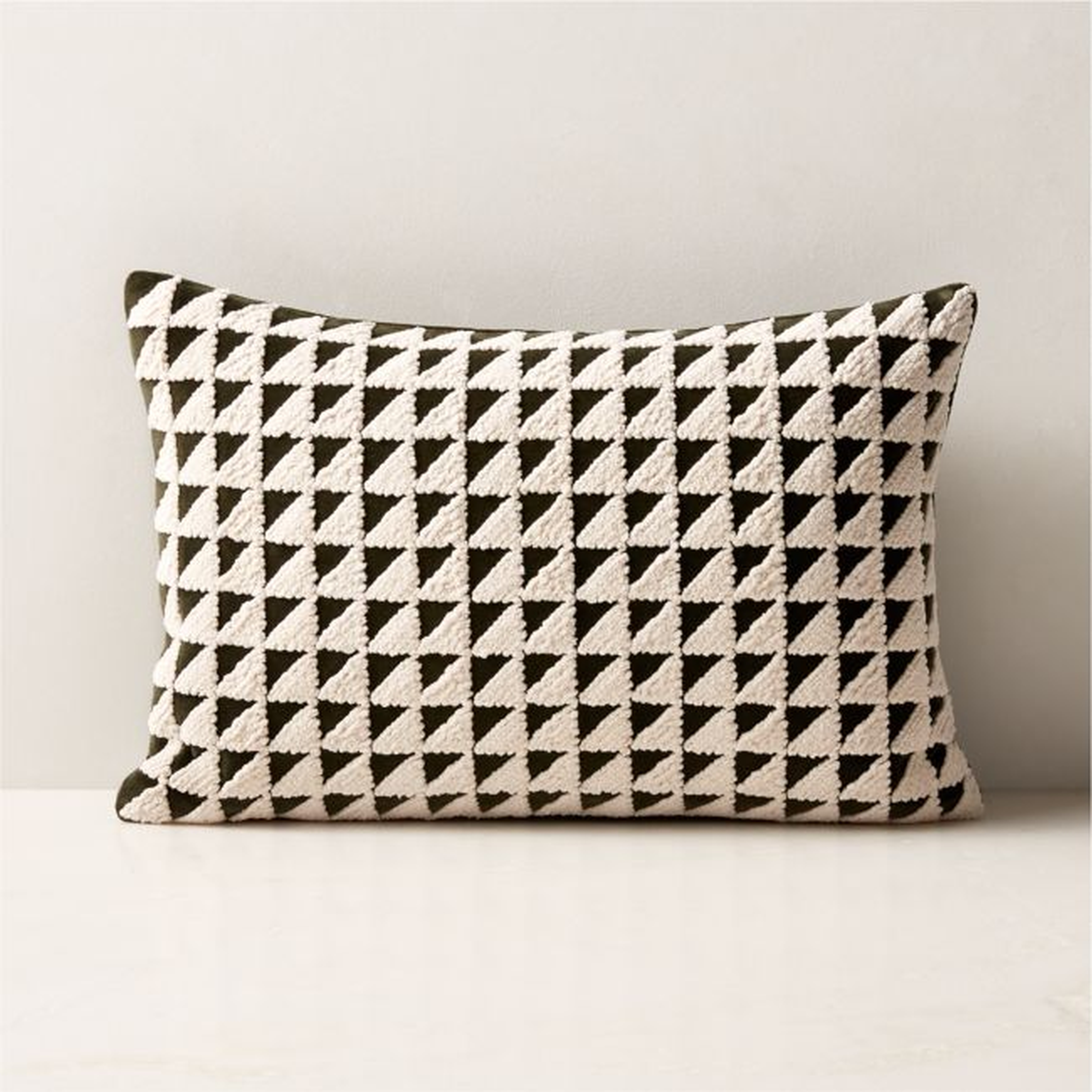 Alene Embroidered Dark Olive Green Throw Pillow with Down-Alternative Insert 18''x12'' - CB2
