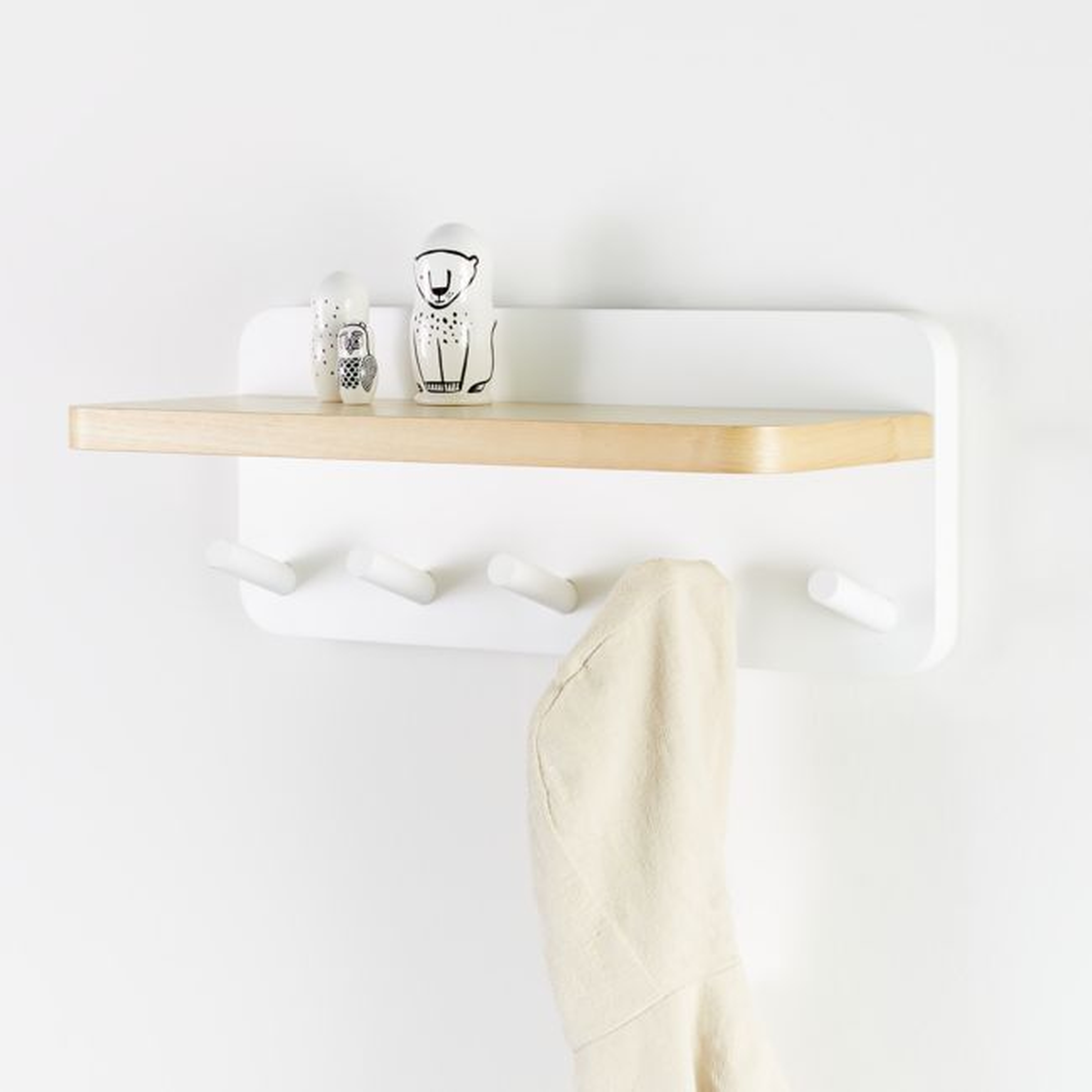 White and Natural Wood Shelf With Hooks - Crate and Barrel