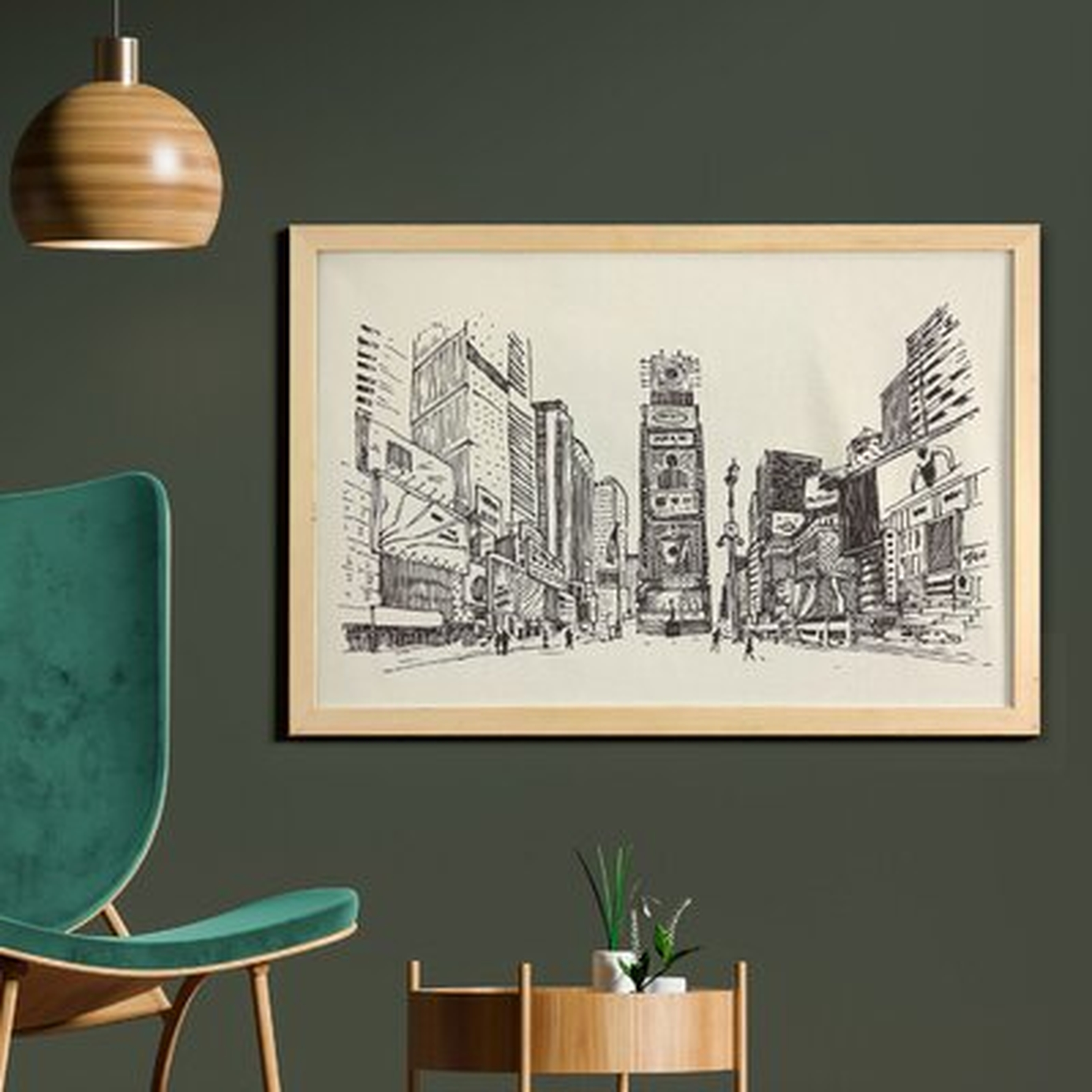 Ambesonne NYC Wall Art With Frame, Sketchy Engraving Style Drawing Of Times Square Urban Famous Scene Towers Print, Printed Fabric Poster For Bathroom Living Room Dorms, 35" X 23", Eggshell Taupe - Wayfair