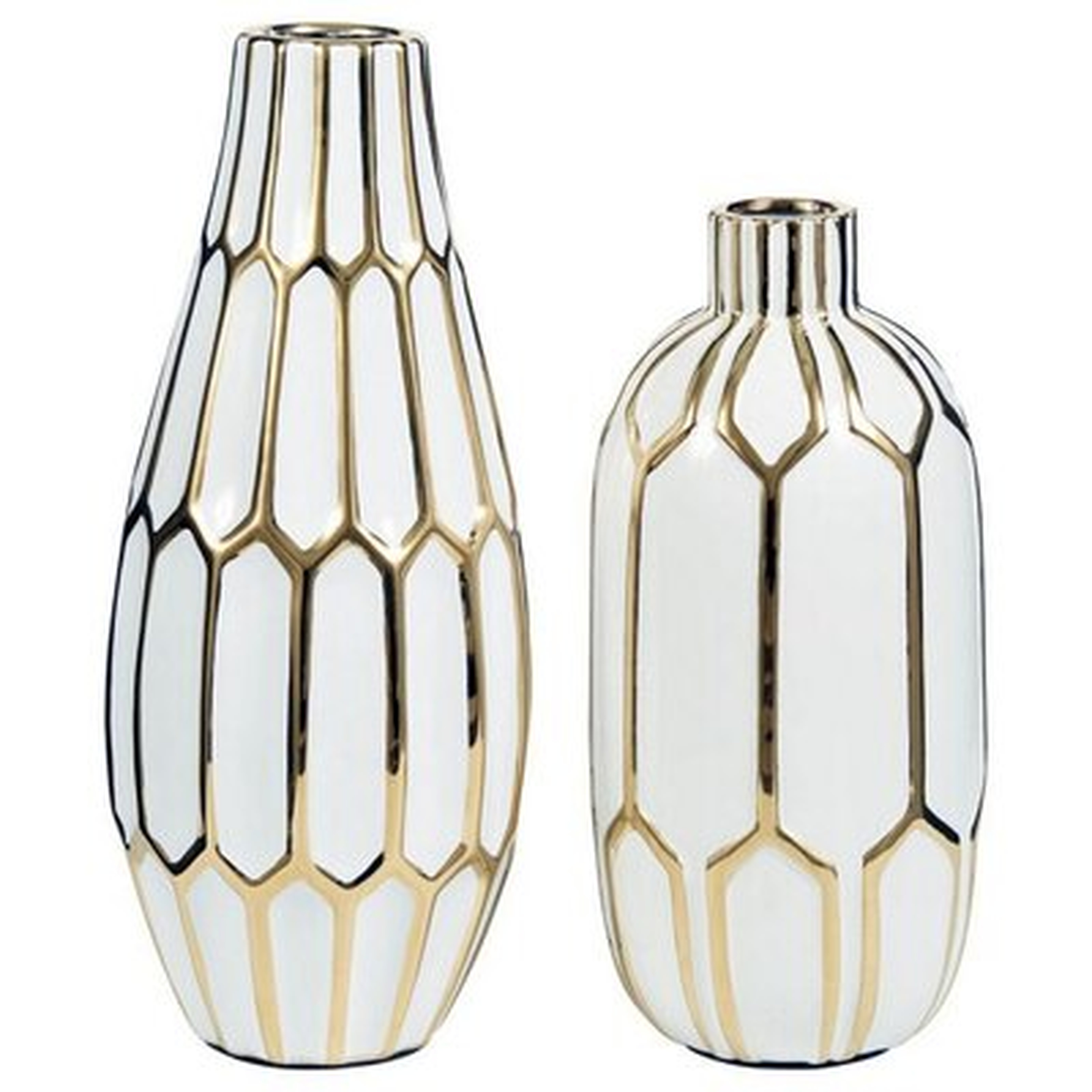 Vase With Honeycomb Geometric Design, Set Of 2, White And Gold - Wayfair