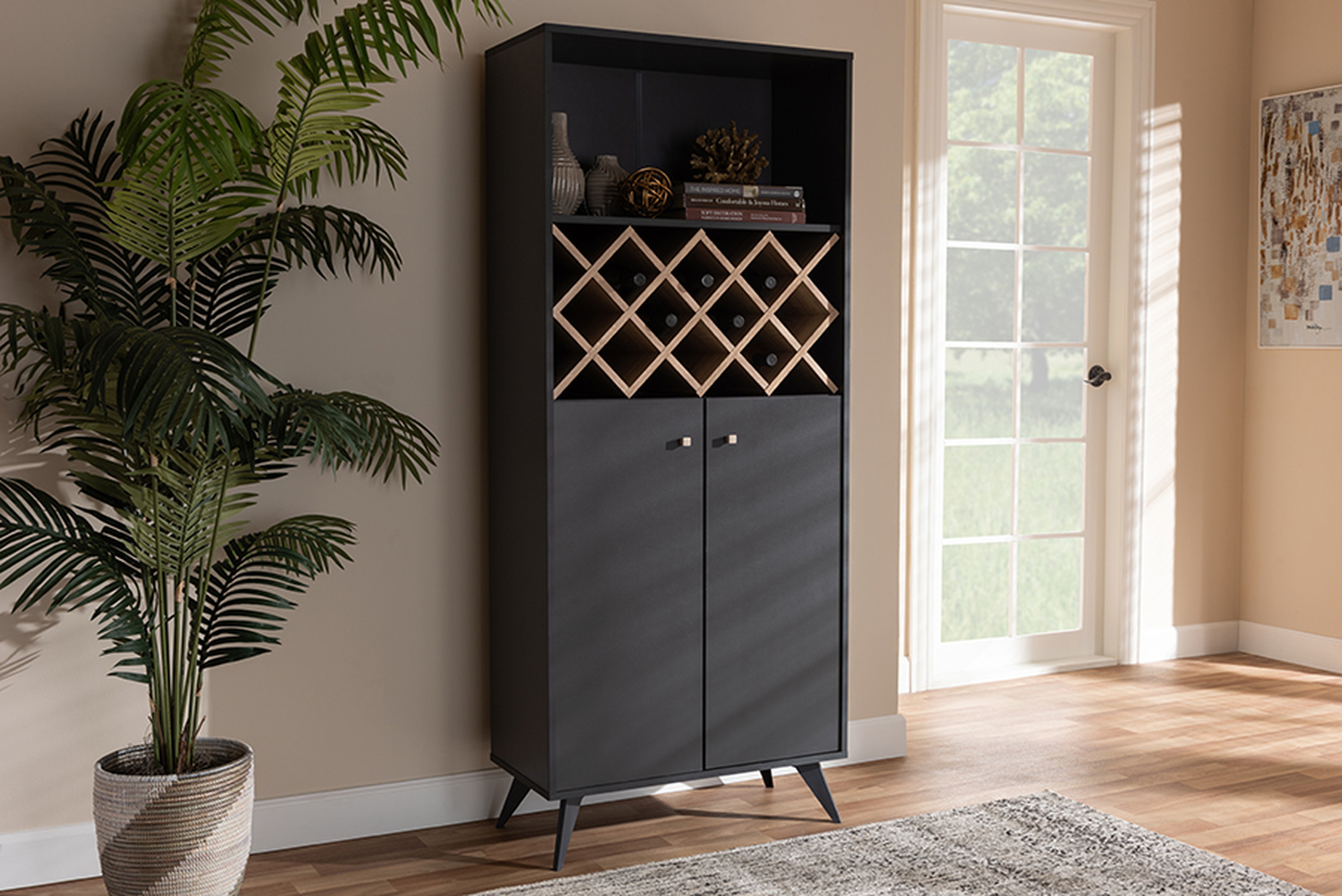 Serafino Mid-Century Modern Dark Grey and Oak Finished Wood Wine Cabinet - Lark Interiors