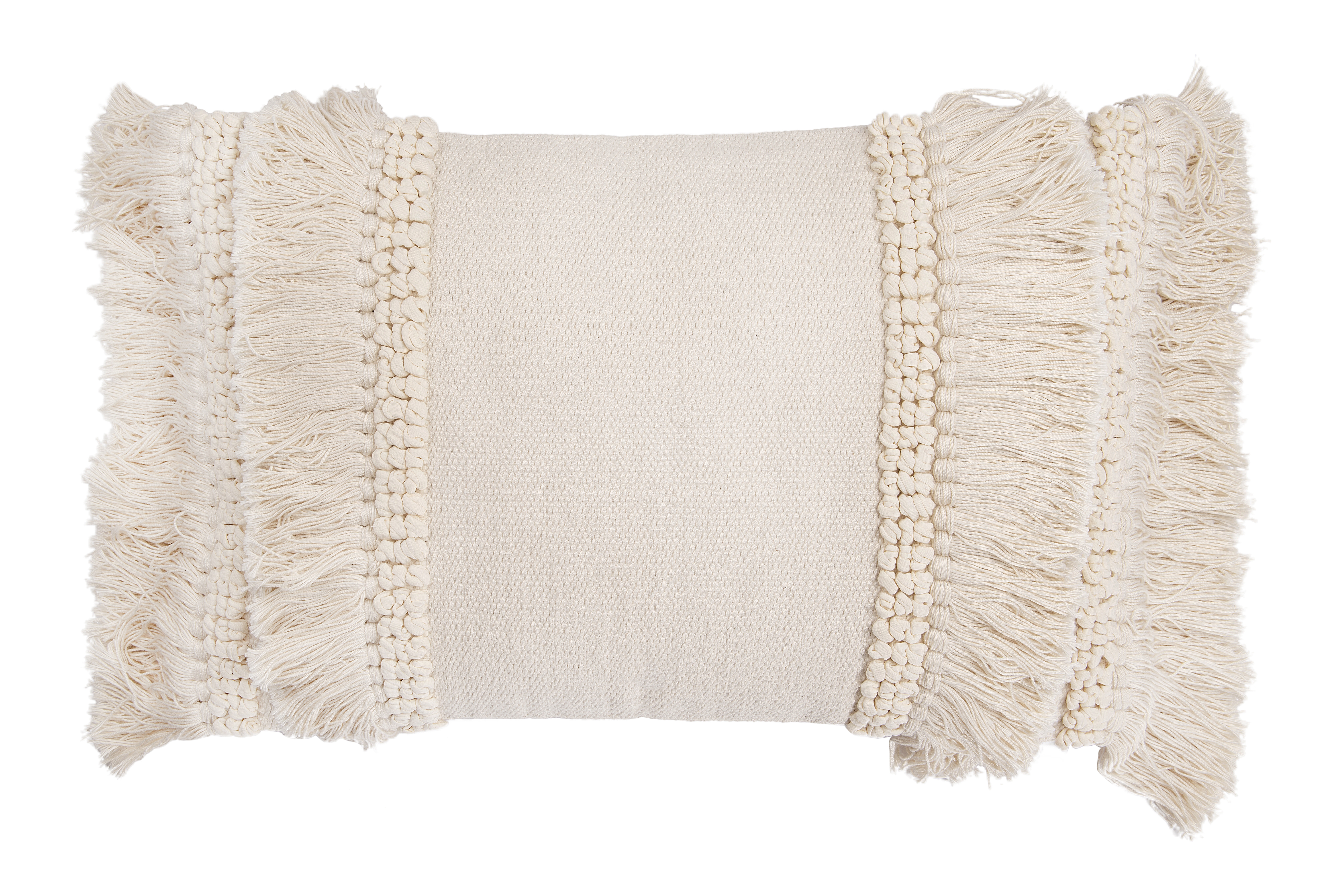 Cream Cotton & Chenille Woven Lumbar Pillow with Long Fringe - Nomad Home