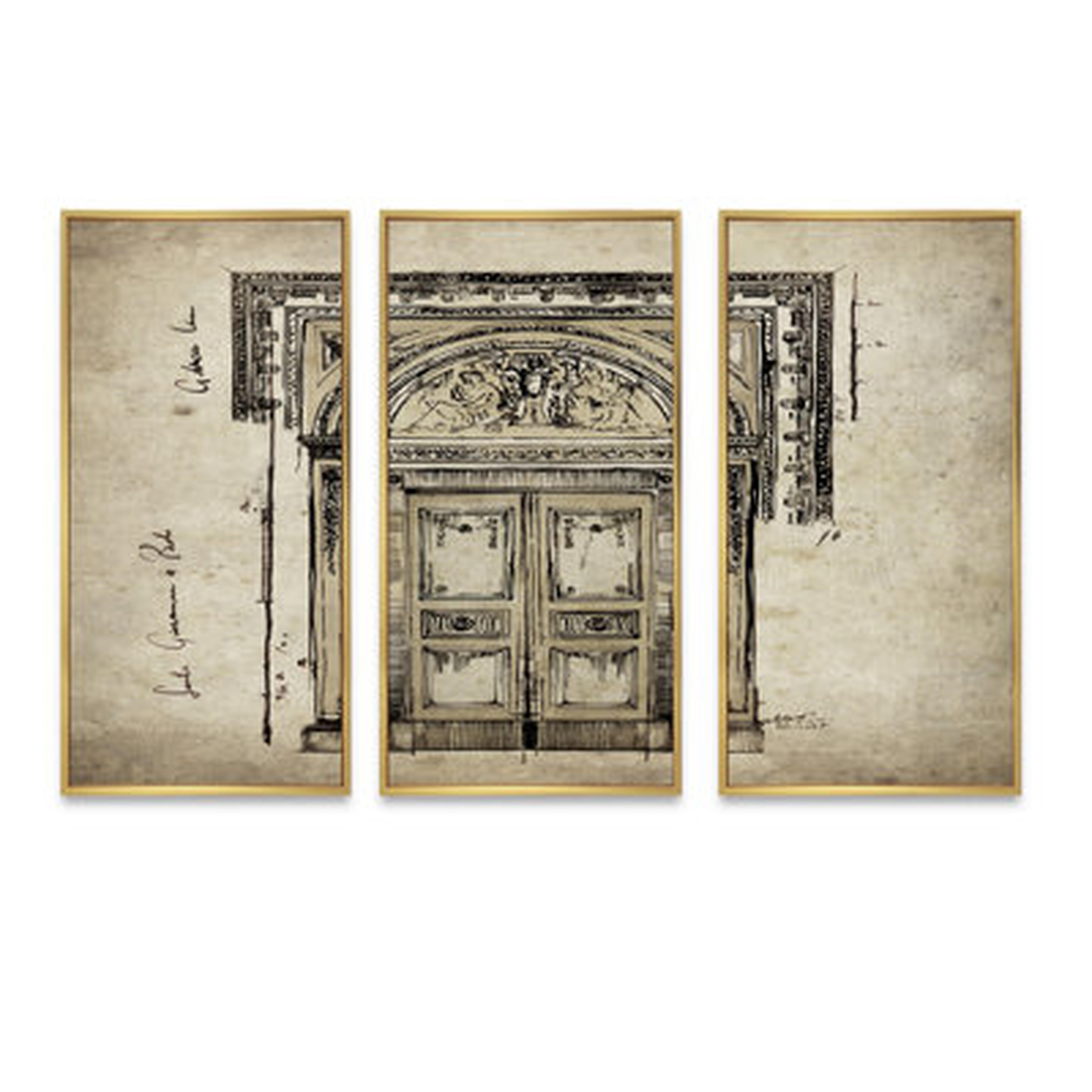 Antique Door Old Style Sketch I - Traditional Framed Canvas Wall Art Set Of 3 - Wayfair