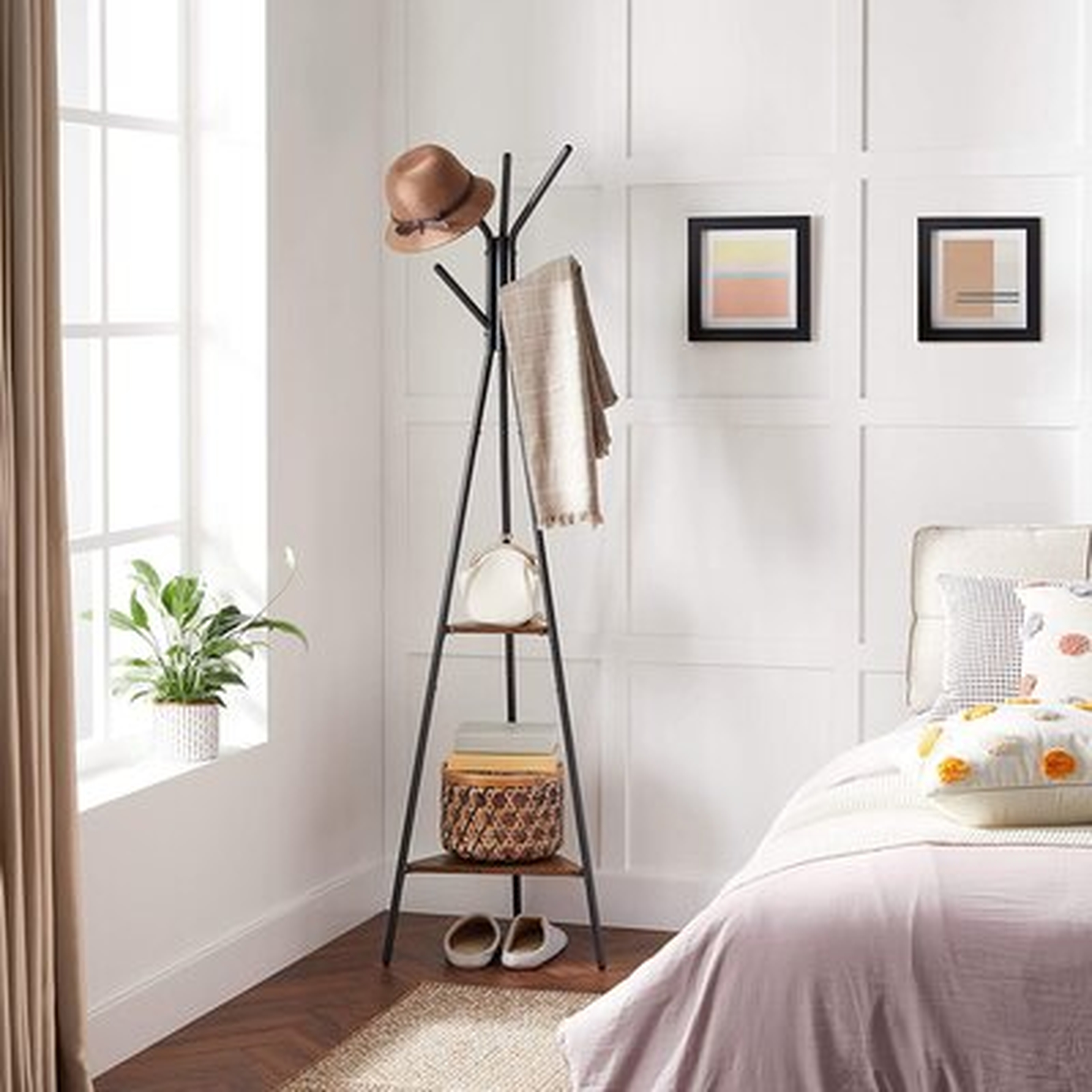 Nut Brown Industrial Metal Coat Rack Stand Clothes Hat Hall Tree With 2 Shelves - Wayfair