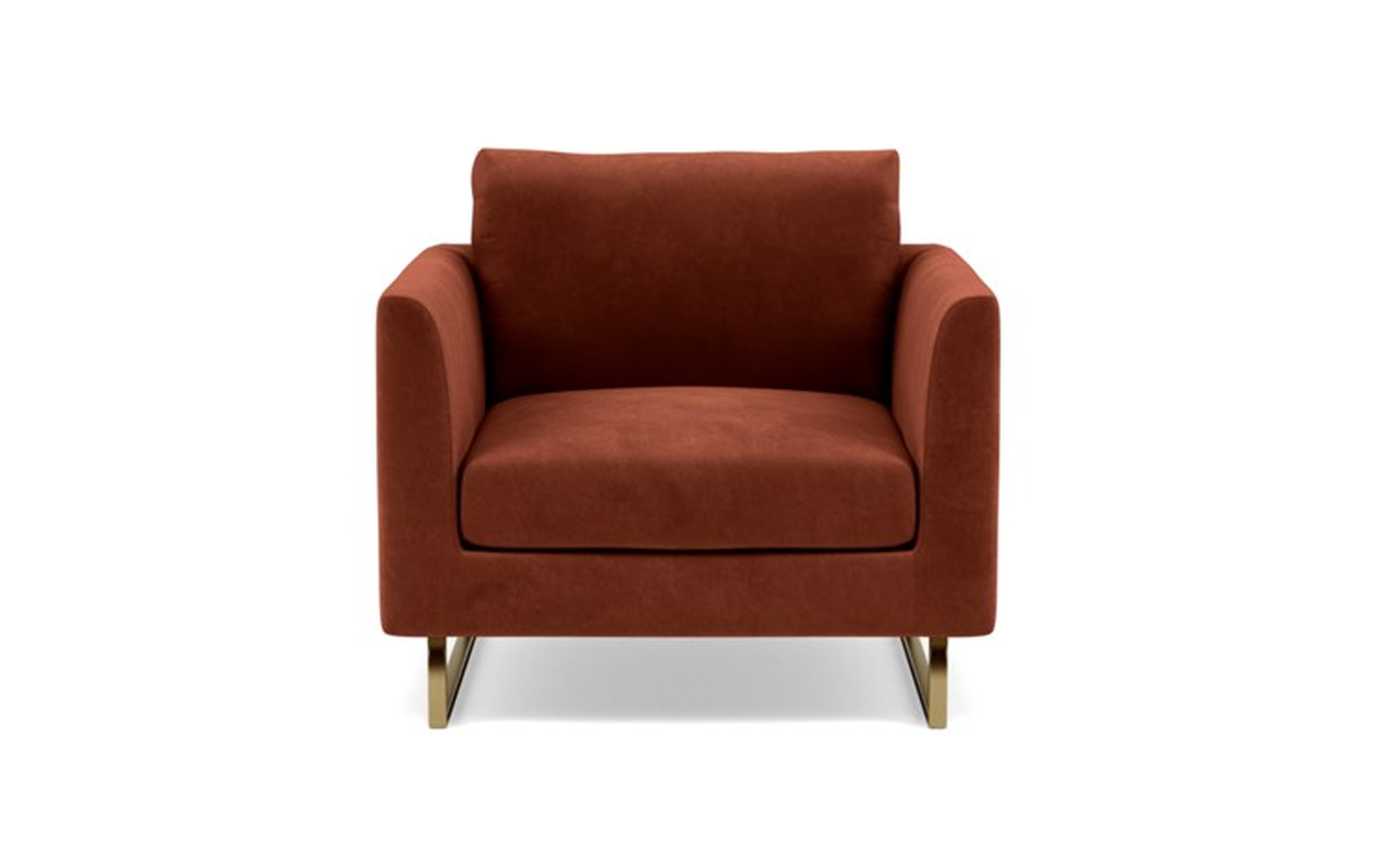 Owens Accent Chair with Red Rust Fabric, standard down blend cushions, and Matte Brass legs - Interior Define