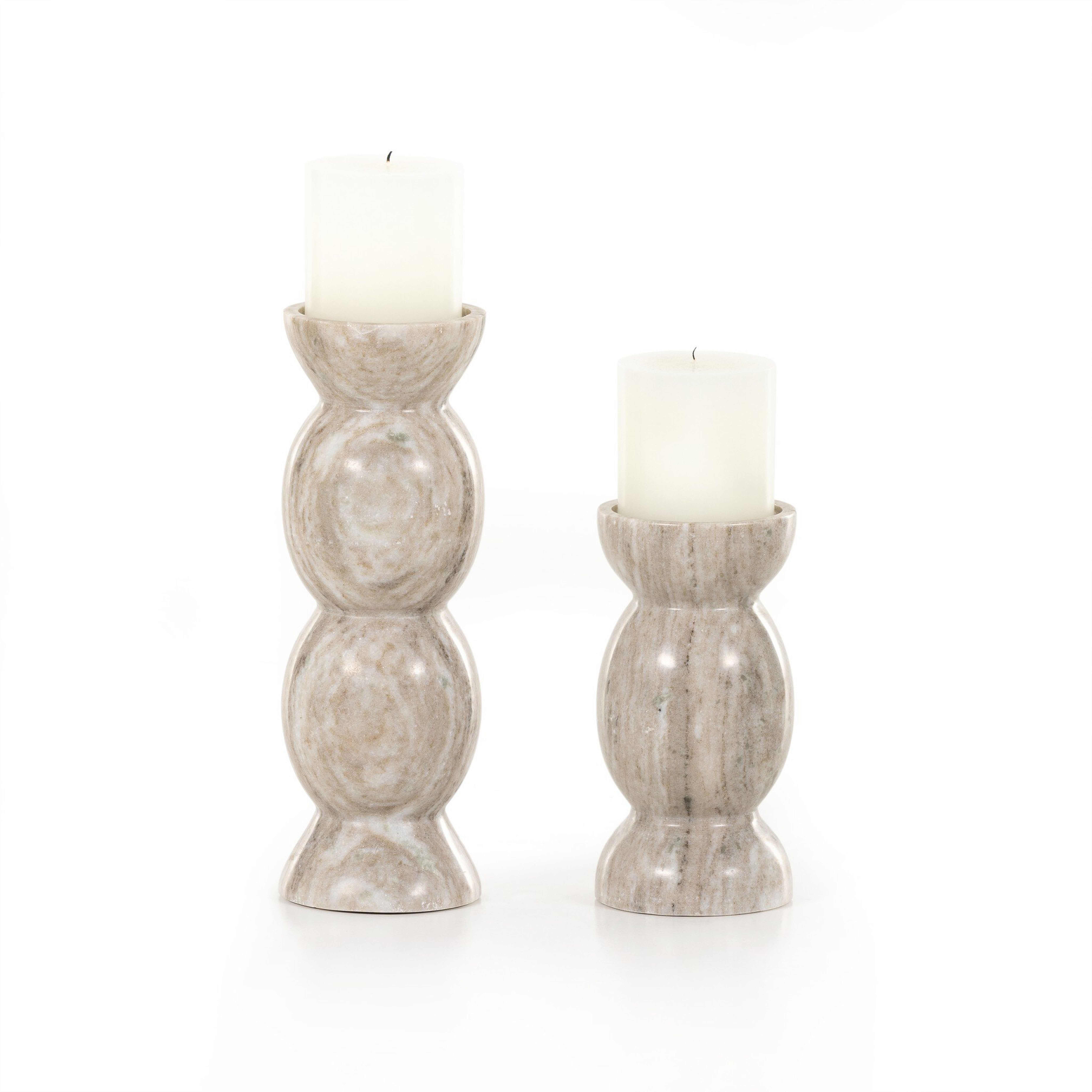 Kivu Pillar Candle Holder, Set Of 2 - River Grey Marble - Four Hands