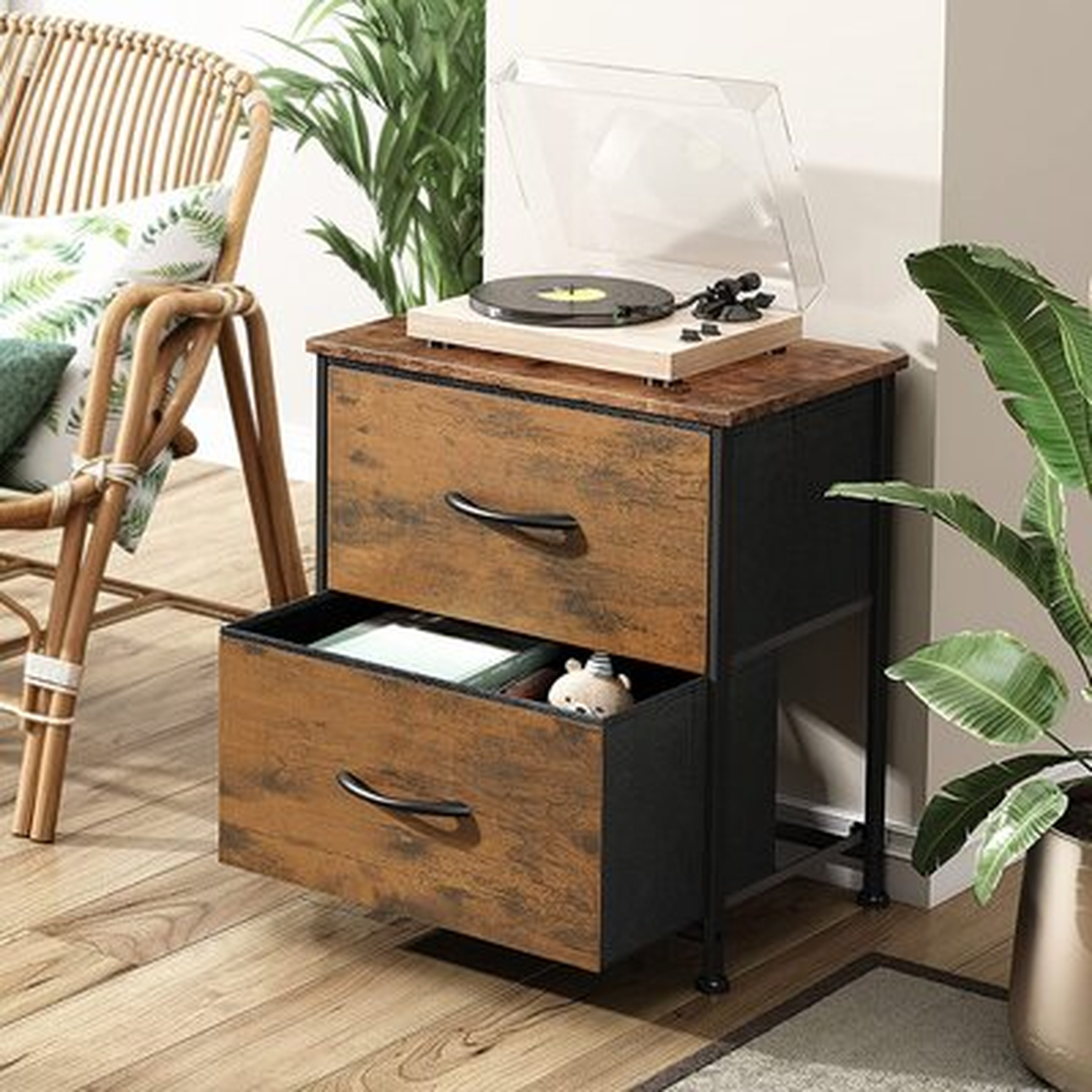 Nightstand, 2 Drawer Dresser For Bedroom, Small Dresser With 2 Drawers, Bedside Furniture, Night Stand, End Table With Fabric Bins For Bedroom, Living Room, Dorm, Rustic Brown Wood Grain Print - Wayfair