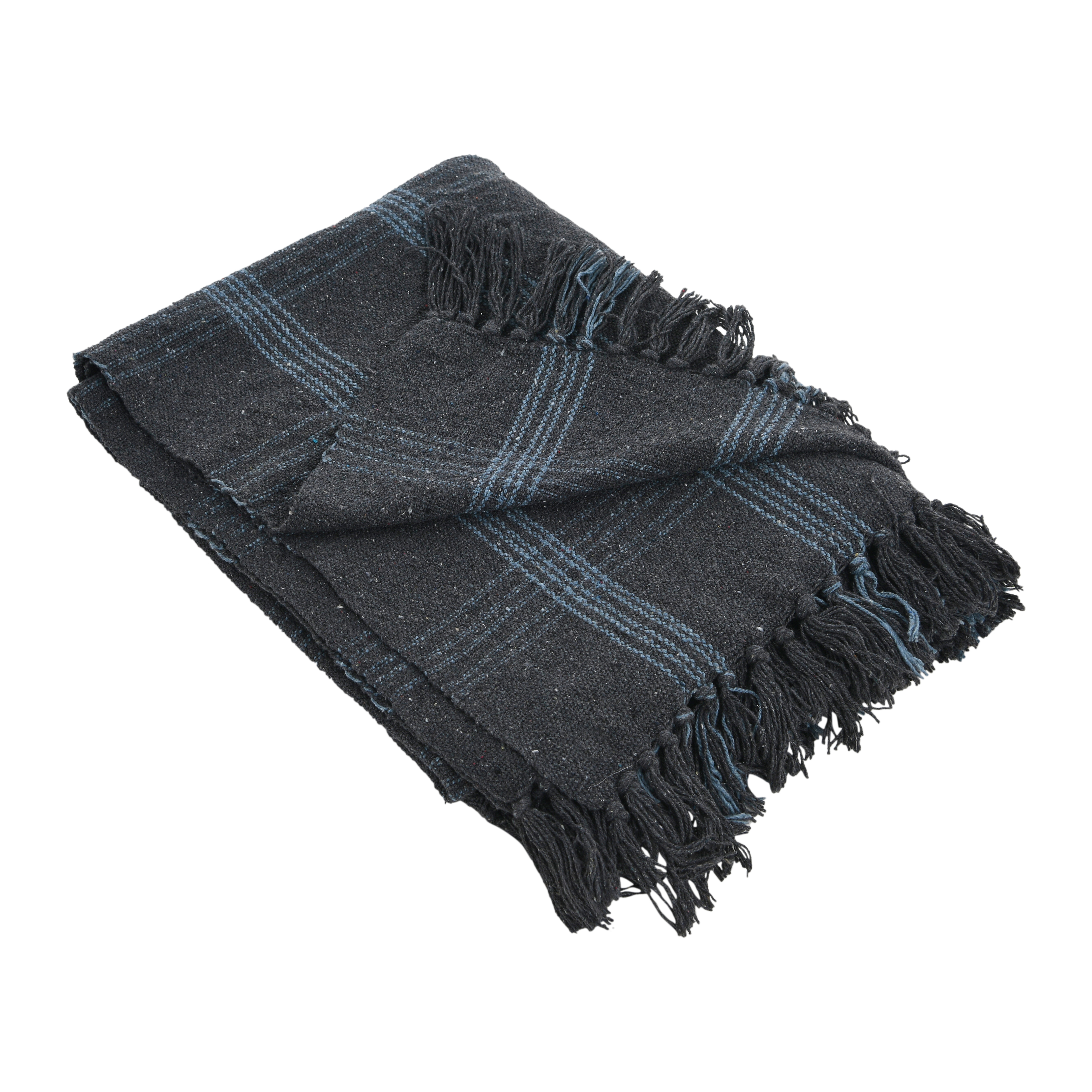 Recycled Cotton Blend Throw Blanket with Fringe, Grey Plaid - Creative Co-Op
