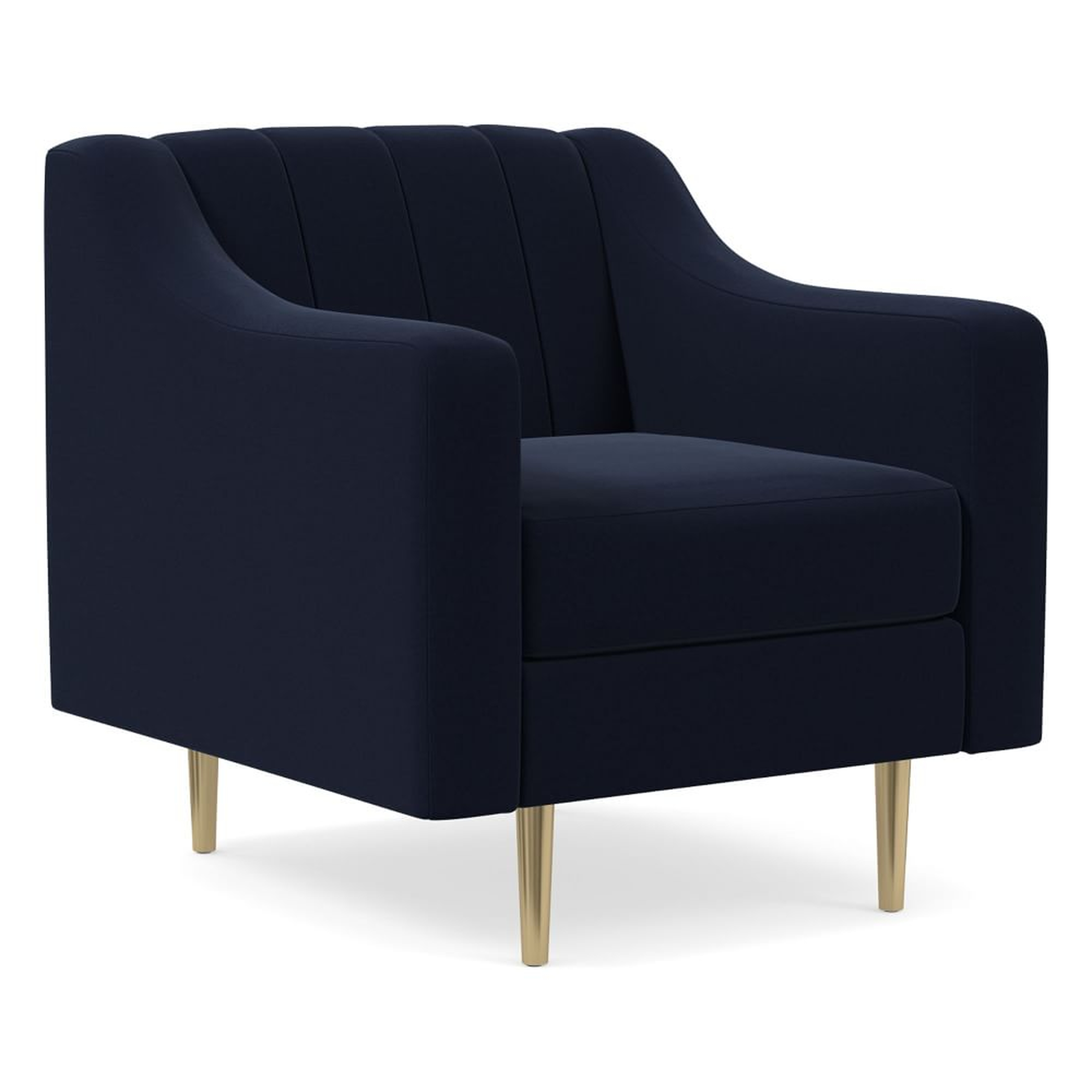 Olive Channel Back Swoop Arm Chair, Poly, Distressed Velvet, Midnight, Antique Brass - West Elm