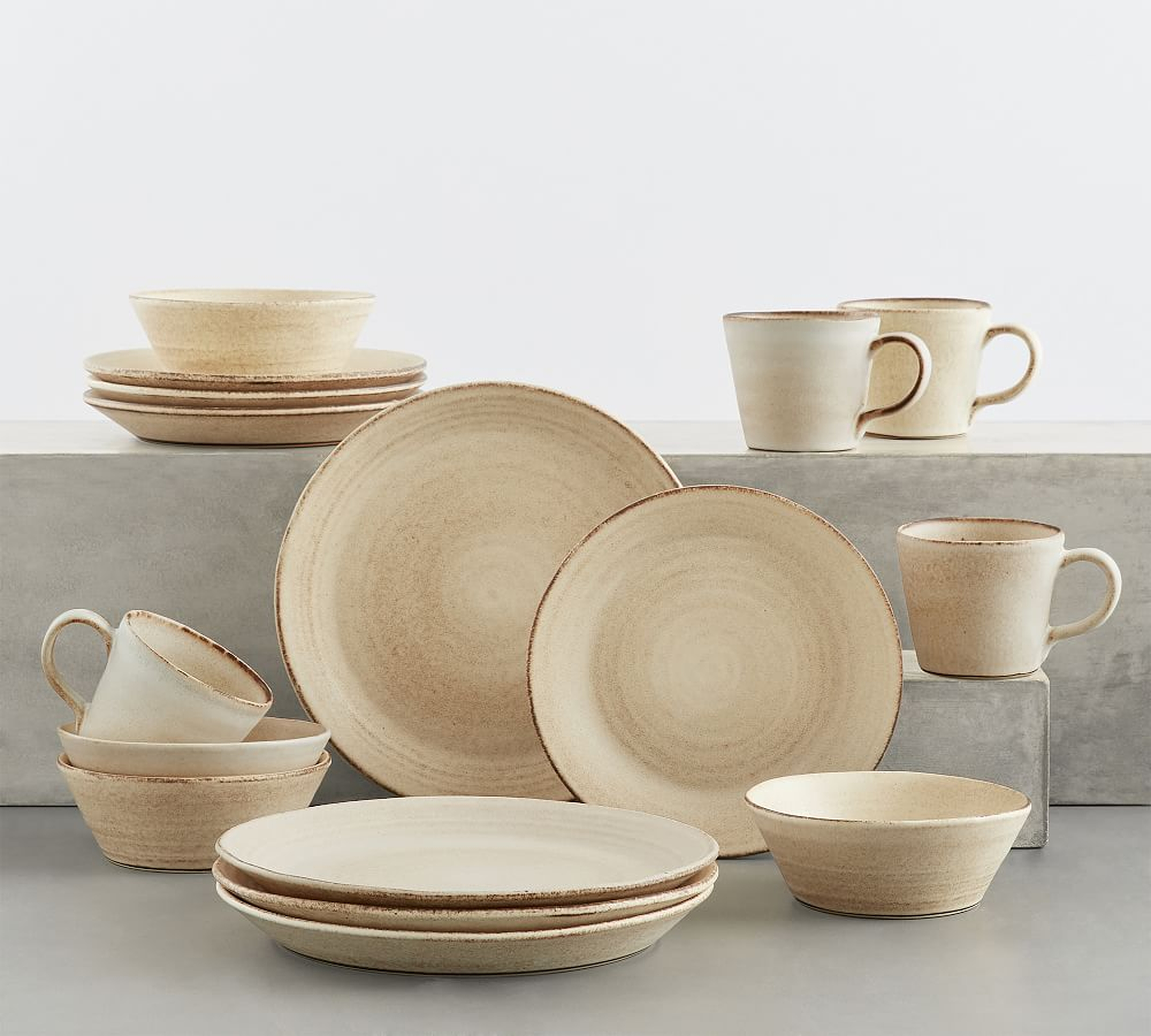 Larkin Reactive Glaze Stoneware 16-Piece Dinnerware Set - Sand - Pottery Barn