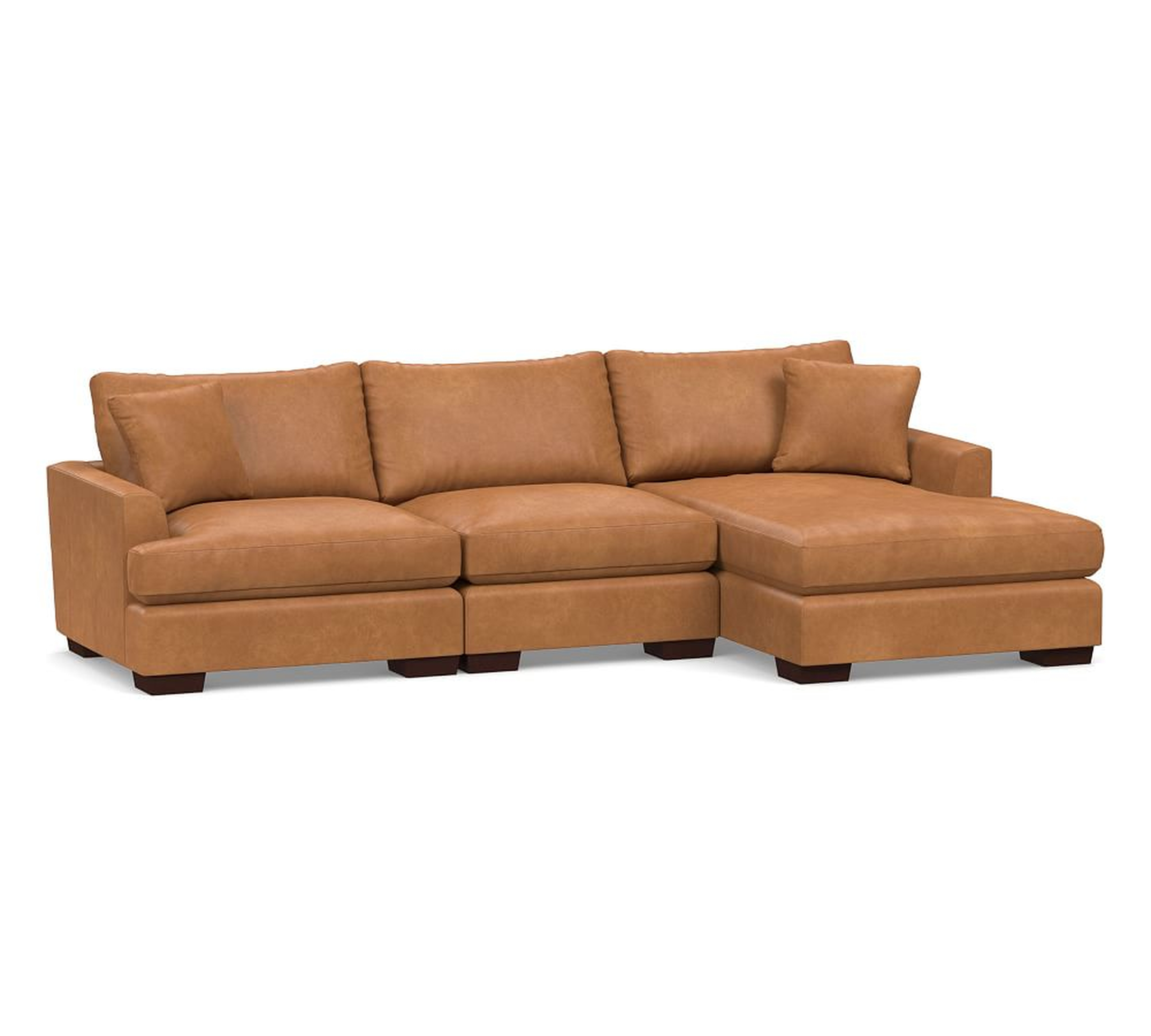 Sullivan Fin Arm Leather Deep Seat Left Arm Sofa with Chaise Sectional, Down Blend Wrapped Cushions, Churchfield Camel - Pottery Barn