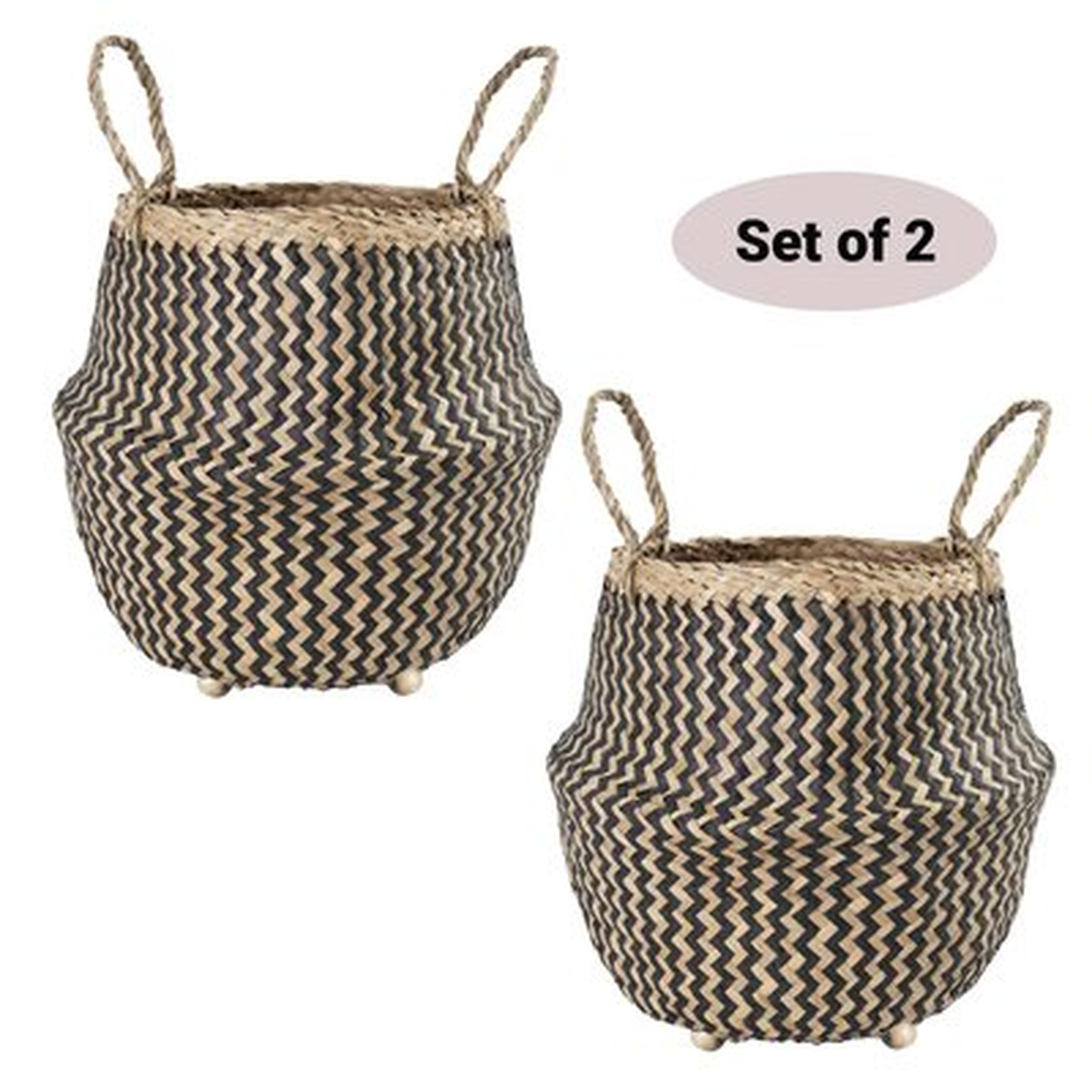 Set Of 2 D9.8Xh9.8" Seagrass Belly Basket W Handles | Beaded Planters Pot Cover For Indoor Plants - Nursery & Playroom Storage Bins - Wicker Hampers For Laundry - Decorative Basket For Farmhouse Decor & Rustic Harvest Basket - By Madeterra (Black Zigzag) - Wayfair