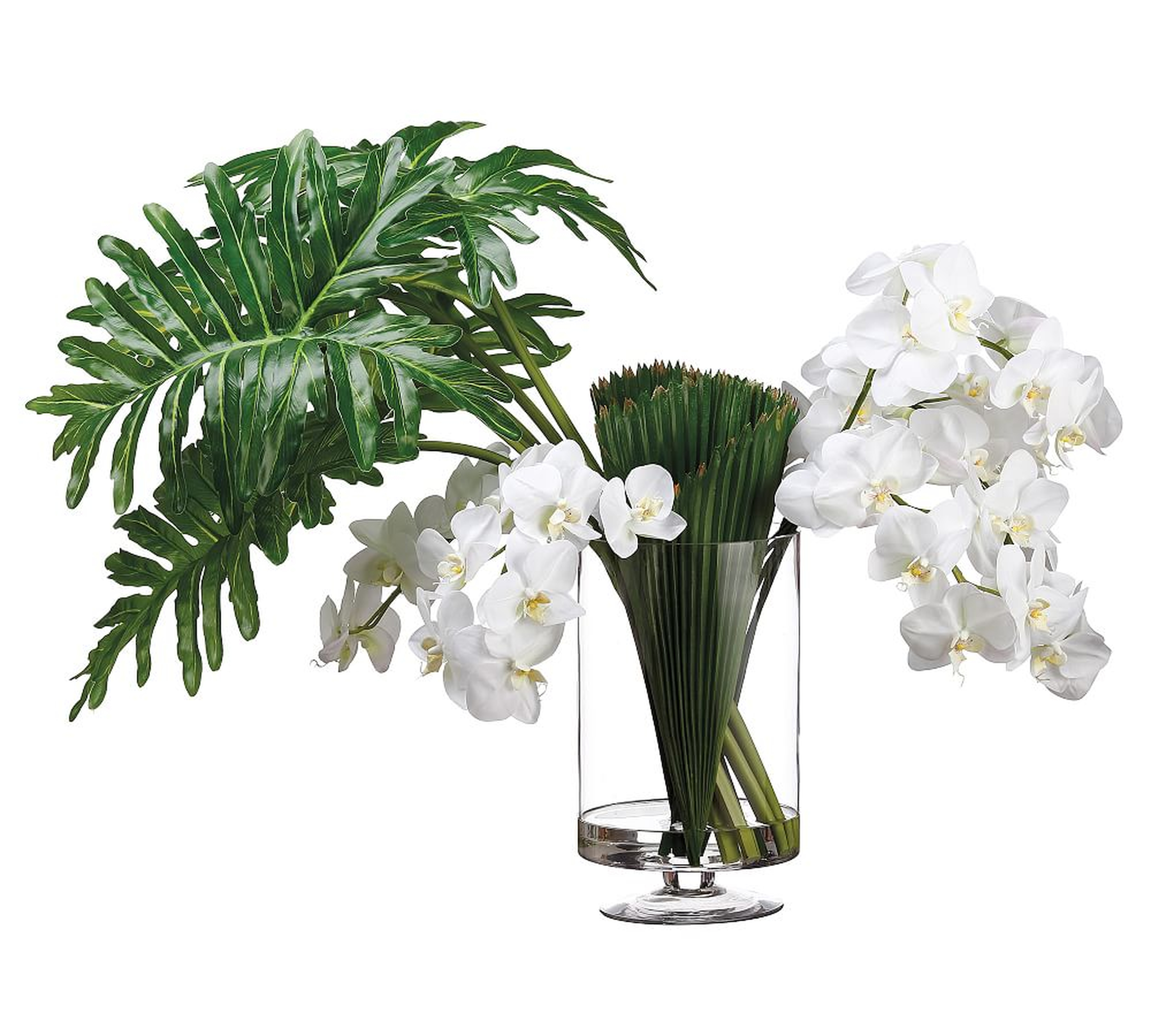 Faux Phalaenopsis, Selloum & Palm Leaf Arrangement In Glass Vase - Pottery Barn