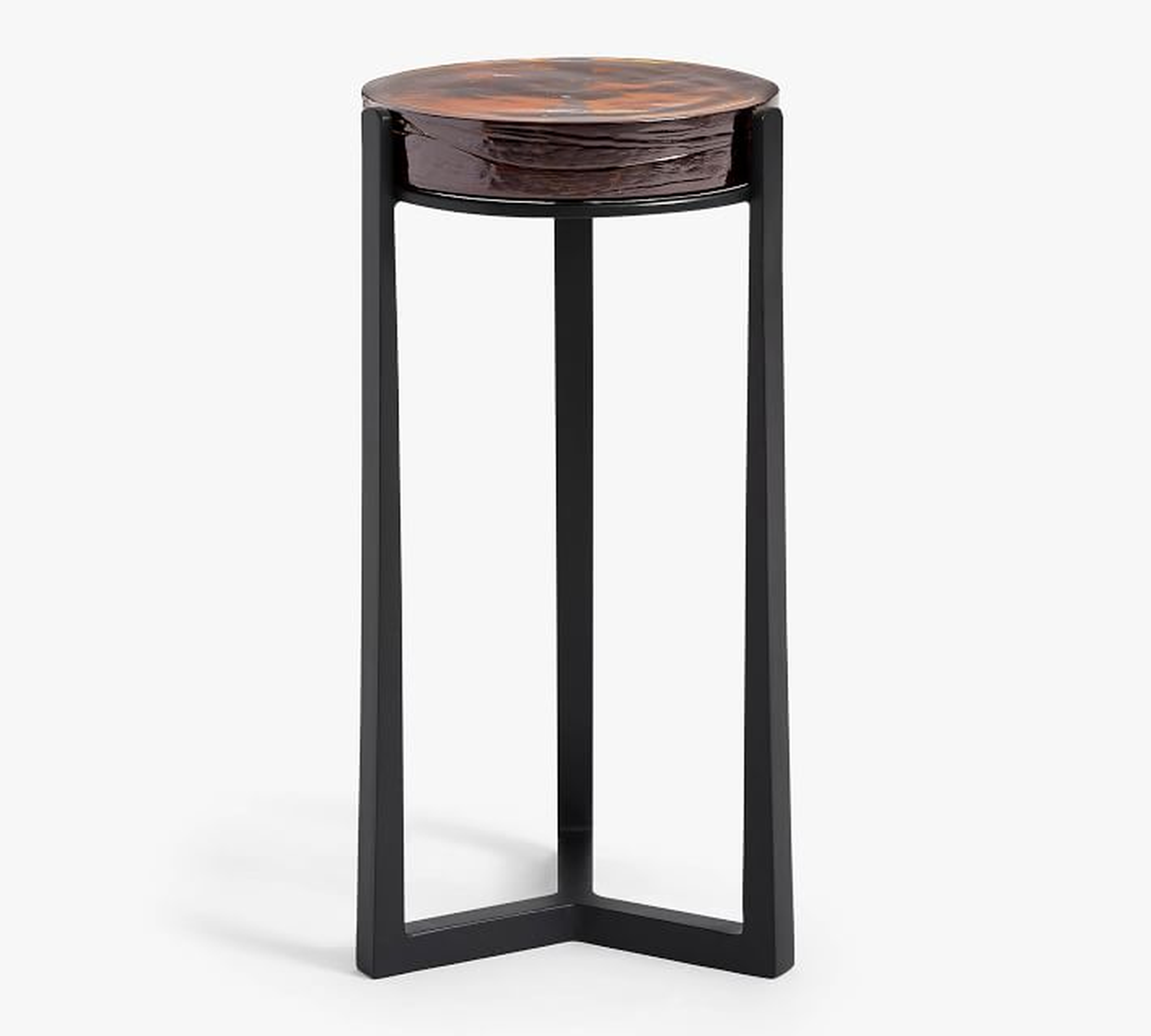 Cori 10" Round Accent Table, Recycled Amber Glass Top/Black Base - Pottery Barn