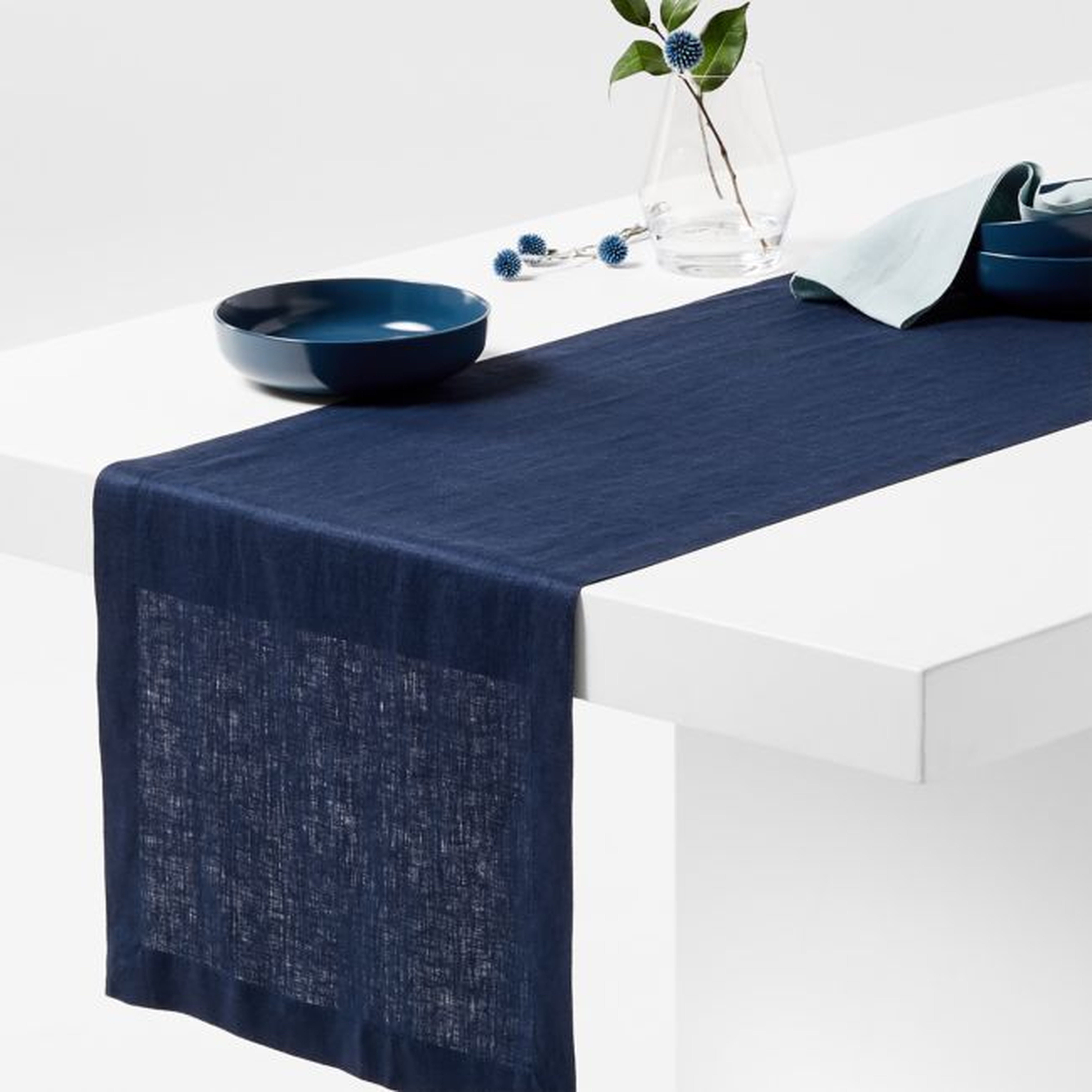 Marin 120" Deep Indigo EUROPEAN FLAX ™-Certified Linen Table Runner - Crate and Barrel