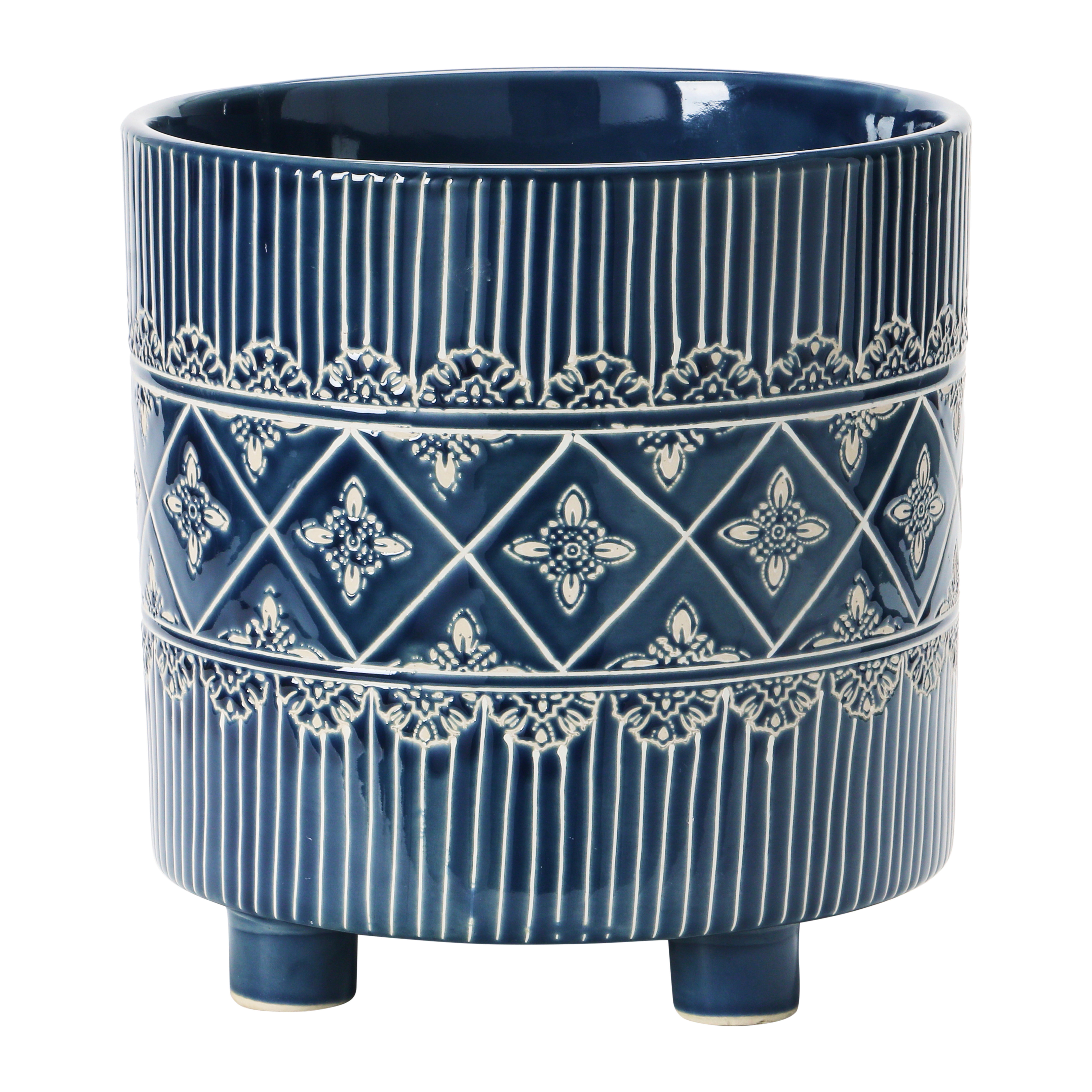 Debossed Stoneware Footed Planter with Pattern, Blue & White (Holds 9" Pot) - Nomad Home