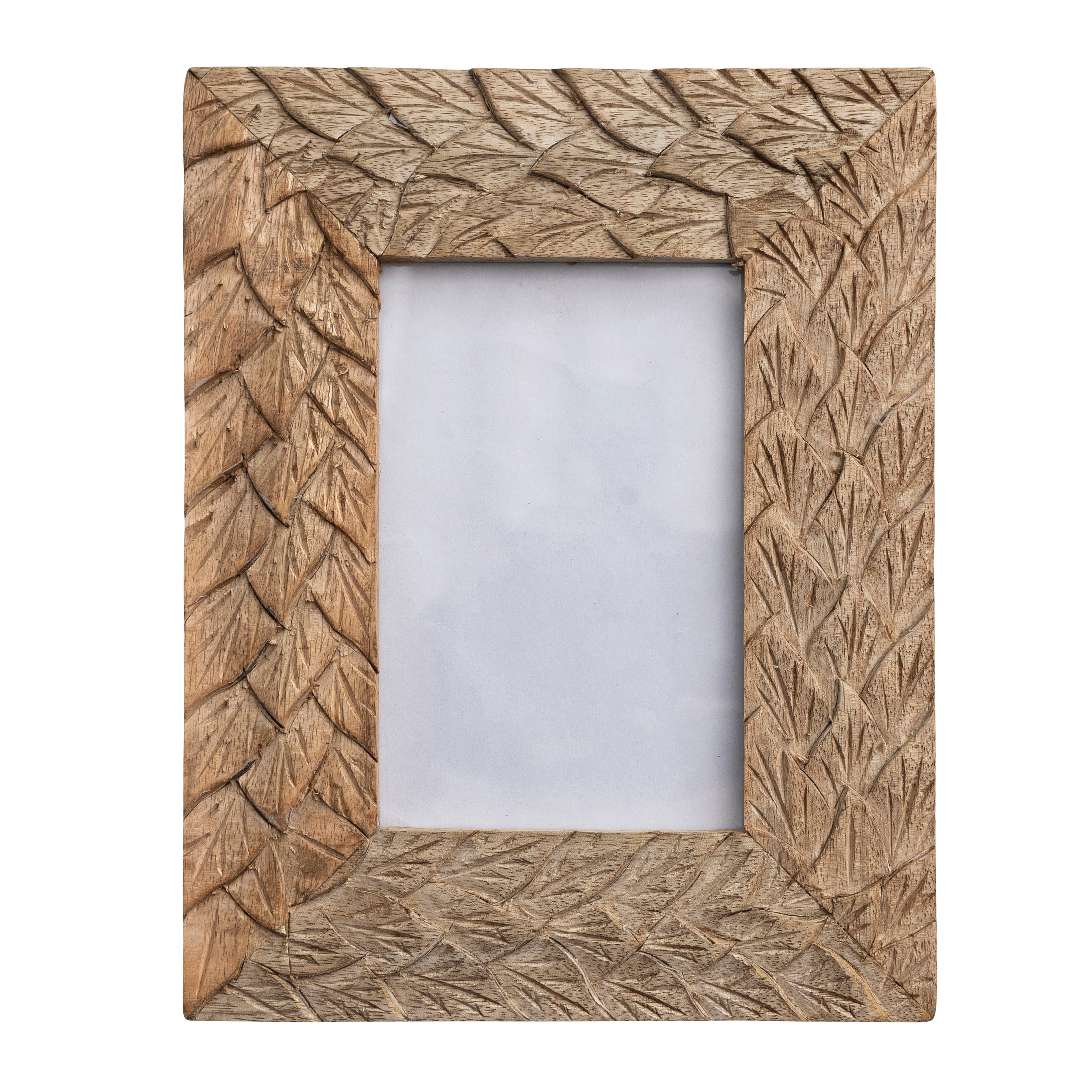 Boho Wood Photo Frame with Carved Feather Design, Natural - Creative Co-Op