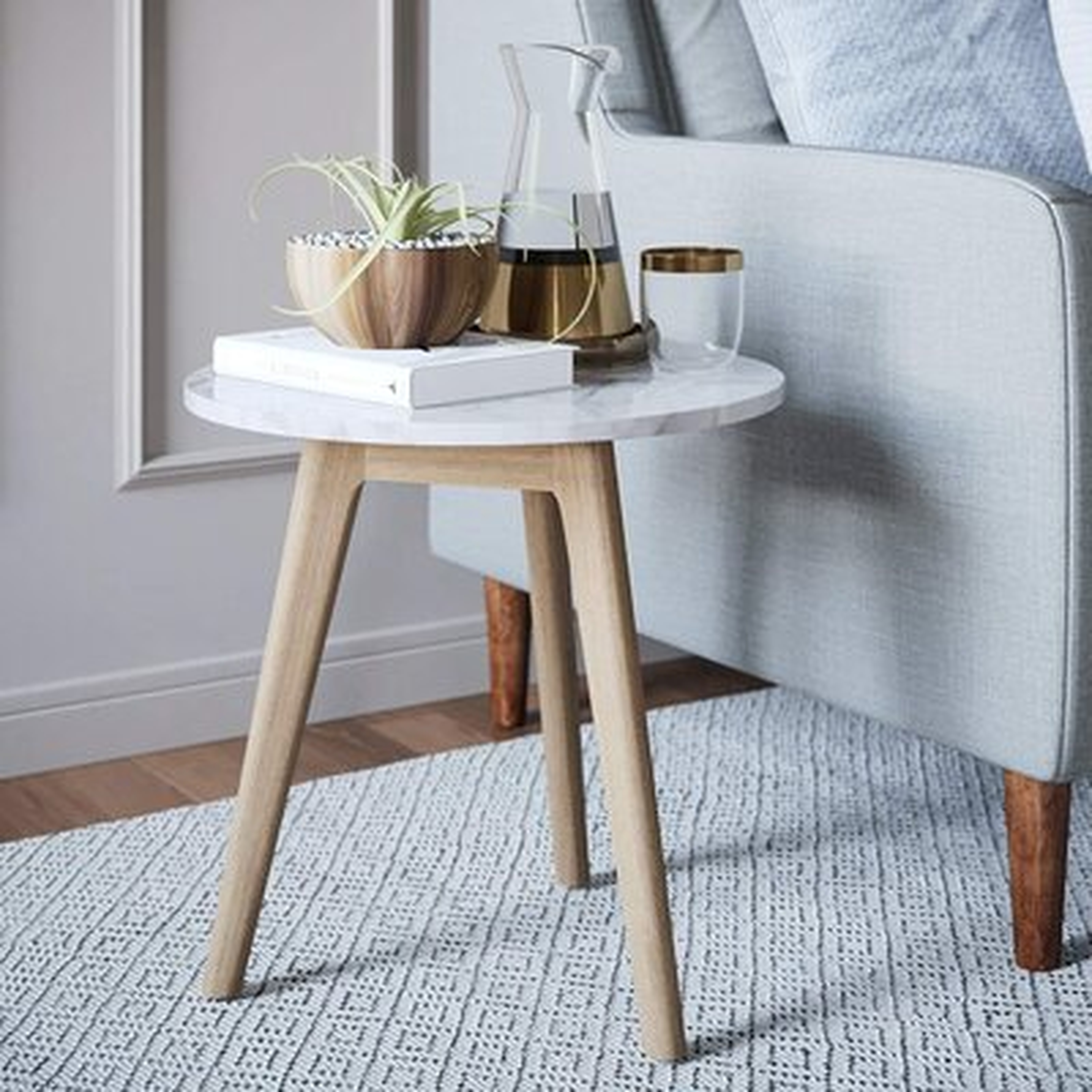 Mid-Century Nightstand, Solid Wood Legs Accent End Or Side White Faux Marble Table Top - Wayfair