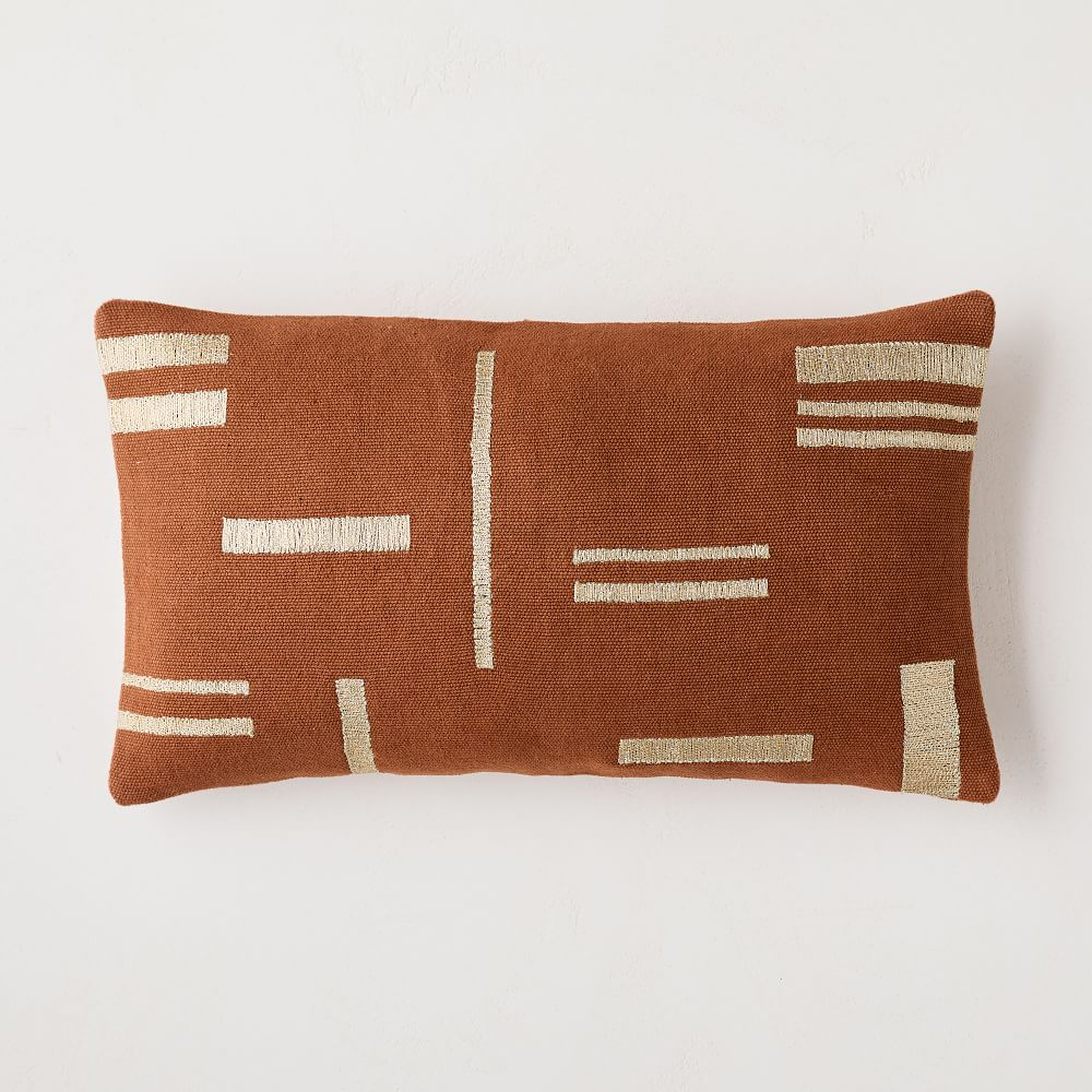 Embroidered Metallic Blocks Pillow Cover, 12"x21", Copper Rust - West Elm