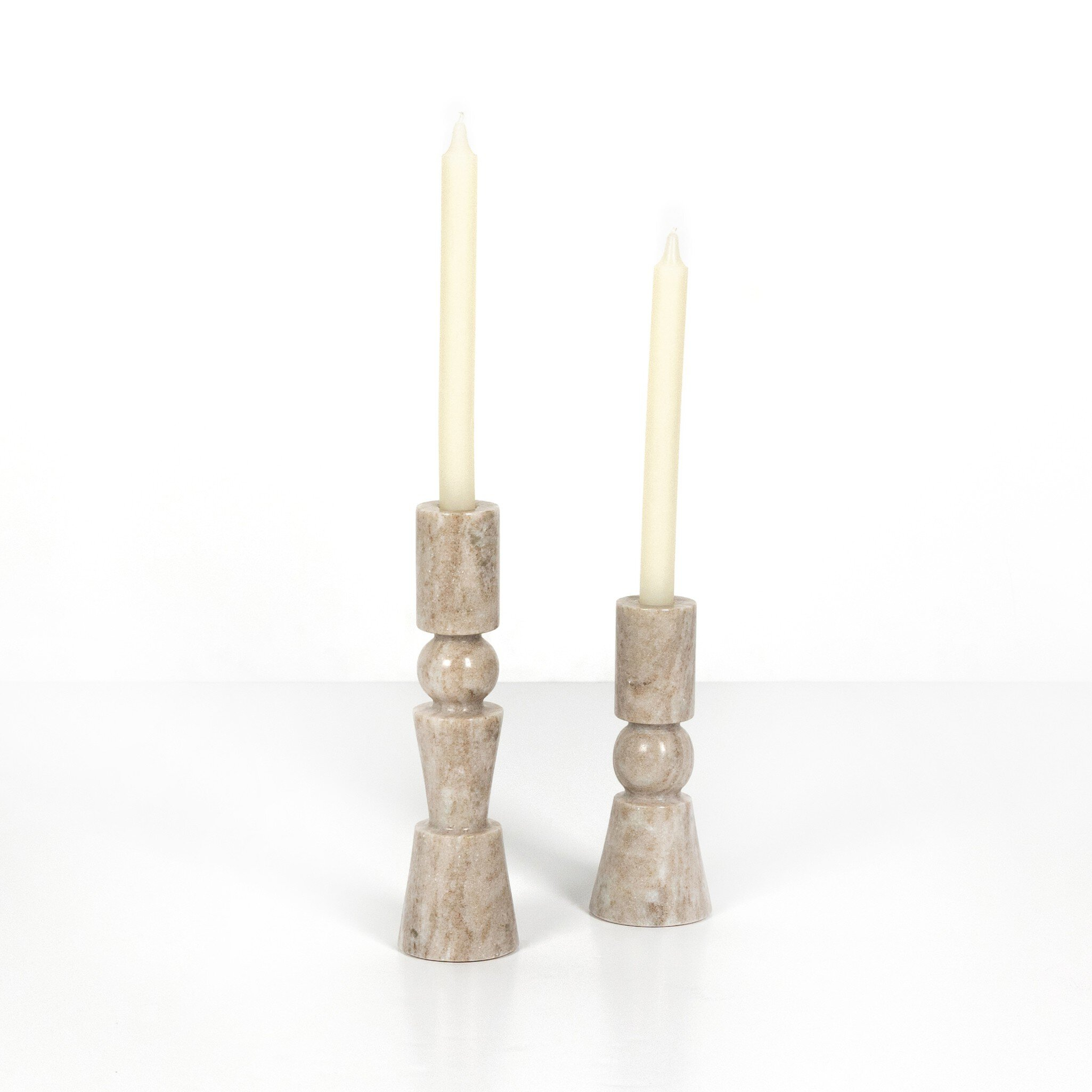 Rosette Taper Candlesticks - Creamy Taupe Marble Solid - Four Hands
