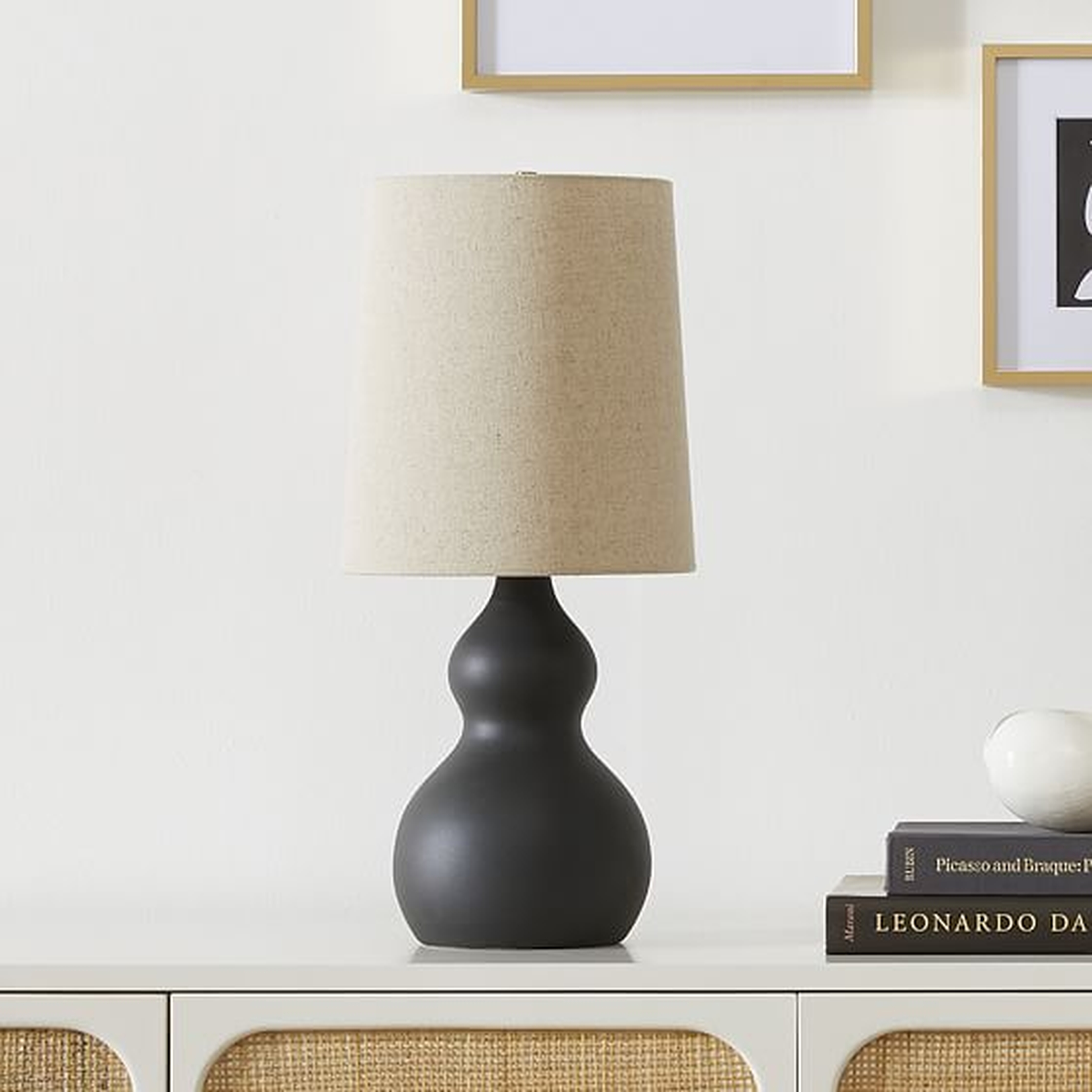 Modern Gourd Table Lamp, 22", Black & Natural Linen - West Elm