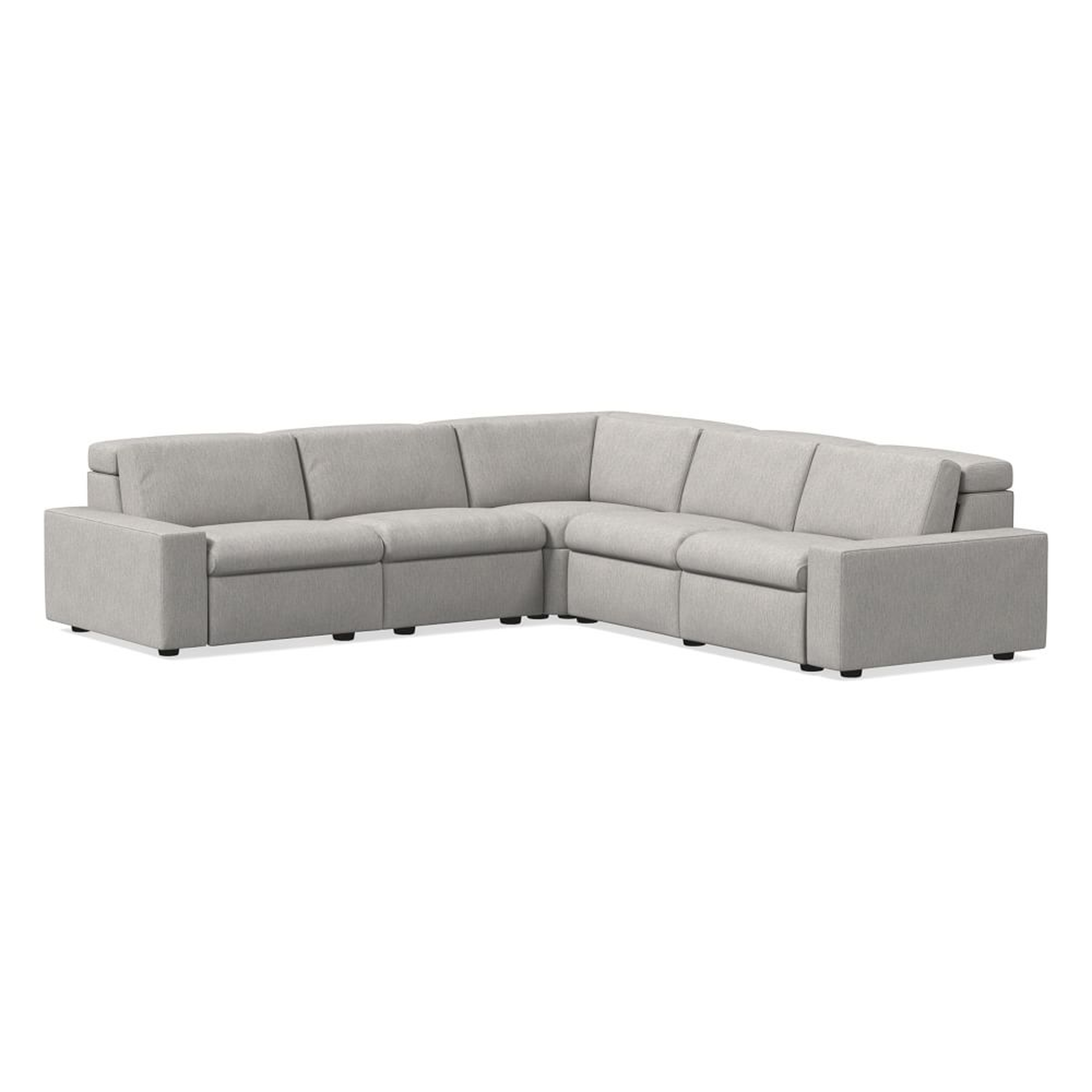 Enzo 114" 5-Piece L-Shaped Reclining Sectional, Two Basic Arms, Performance Coastal Linen, Storm Gray - West Elm